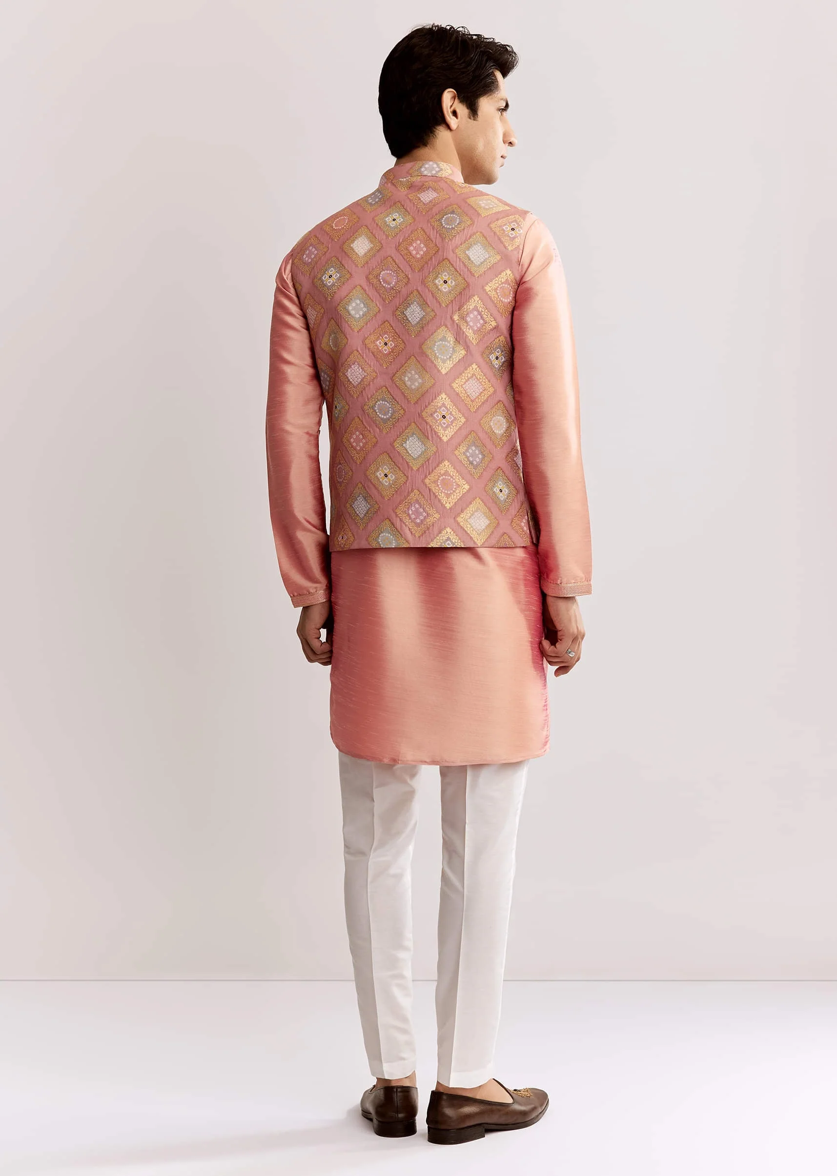 Pink Silk Kurta Jacket Set With Geometric Print - Image 6