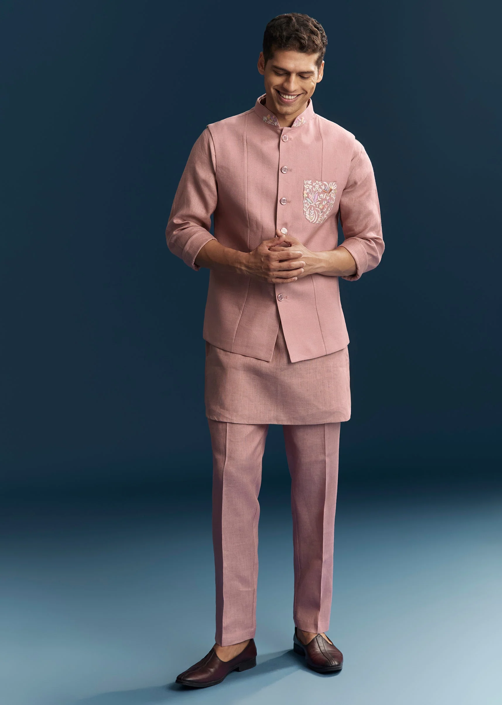 Pink Silk Kurta Jacket Set With Minimal Thread Detail Work