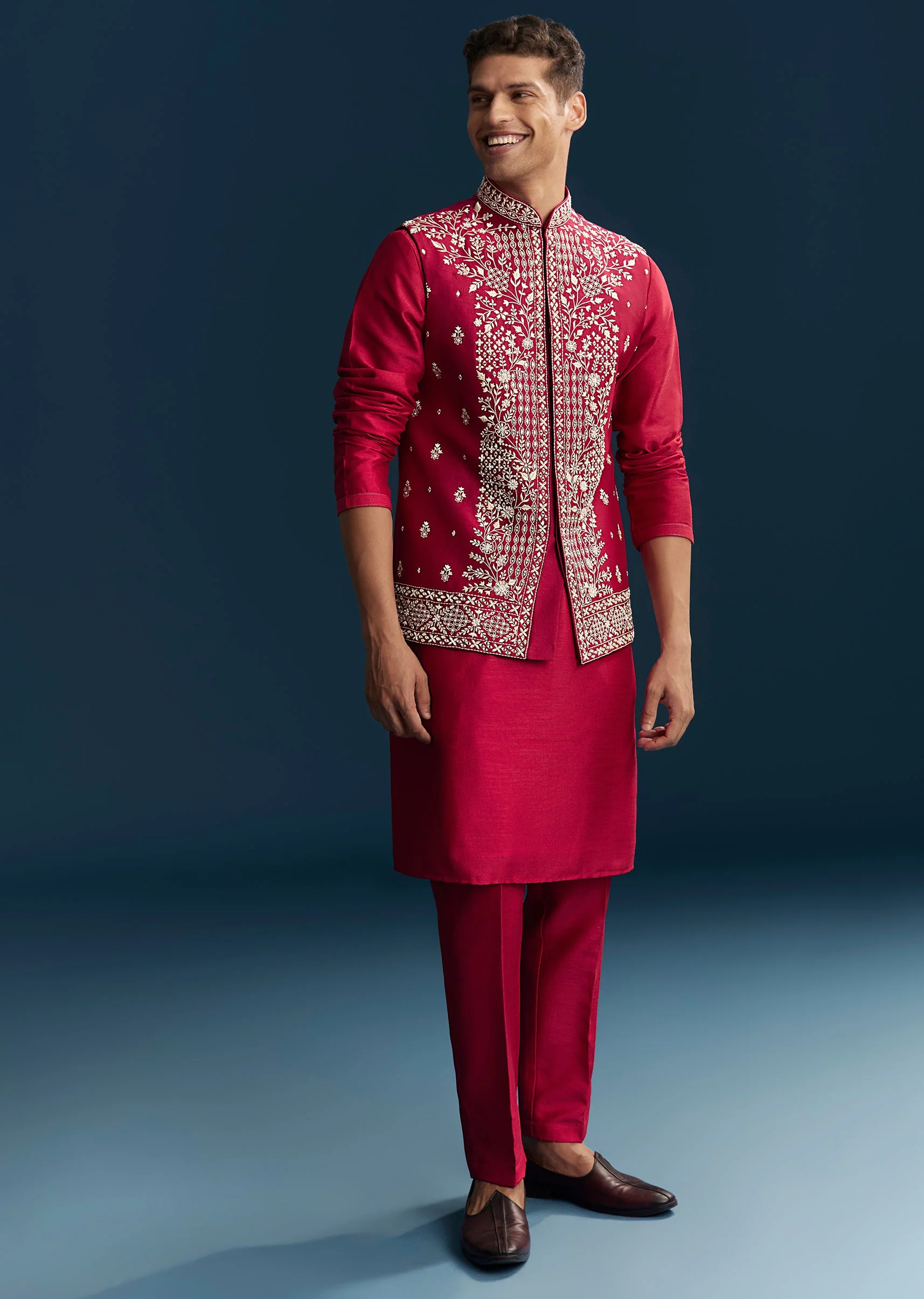 Pink Silk Kurta Jacket Set With Thread And Mirror Work