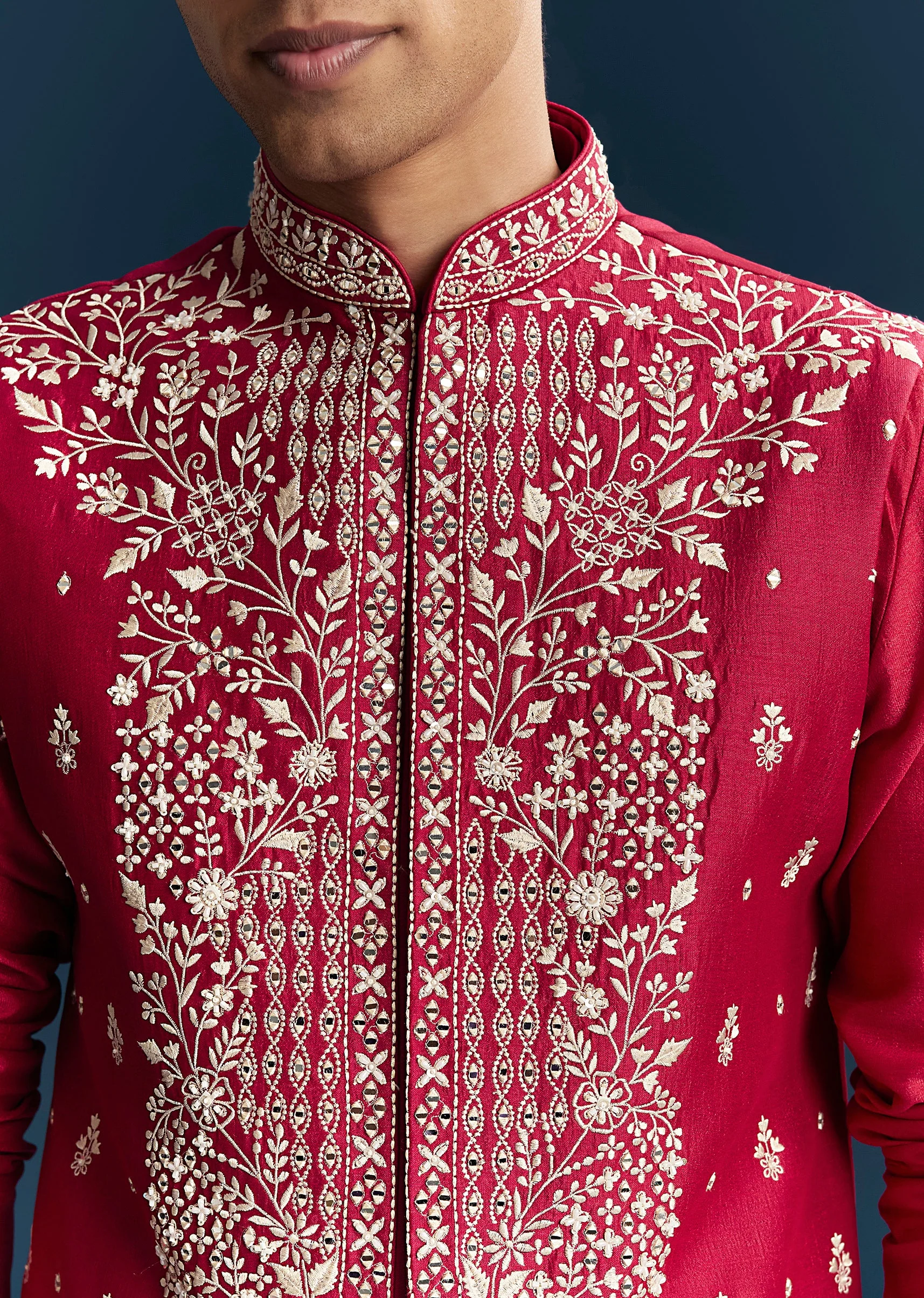 Pink Silk Kurta Jacket Set With Thread And Mirror Work - Image 2