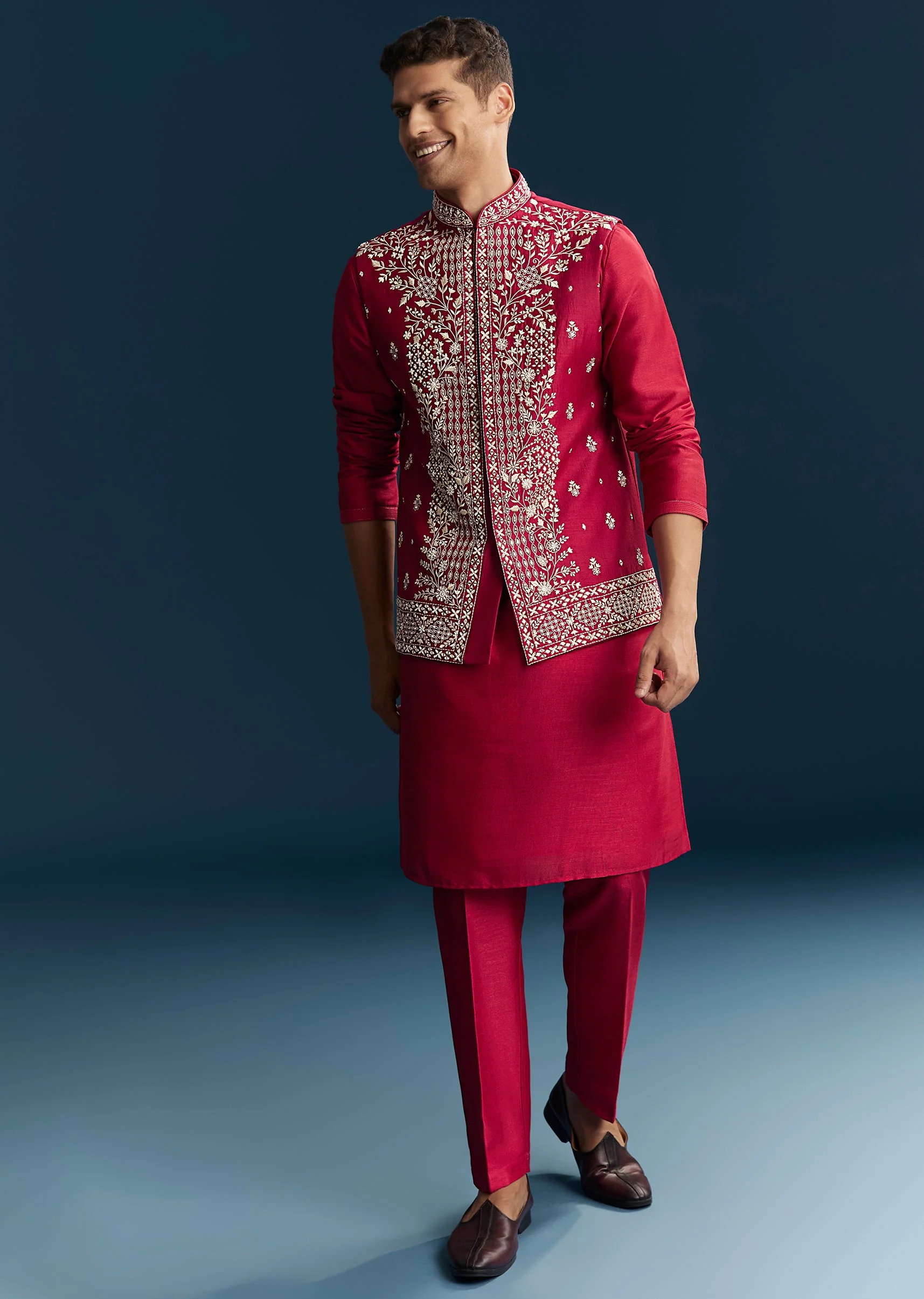 Pink Silk Kurta Jacket Set With Thread And Mirror Work - Image 3
