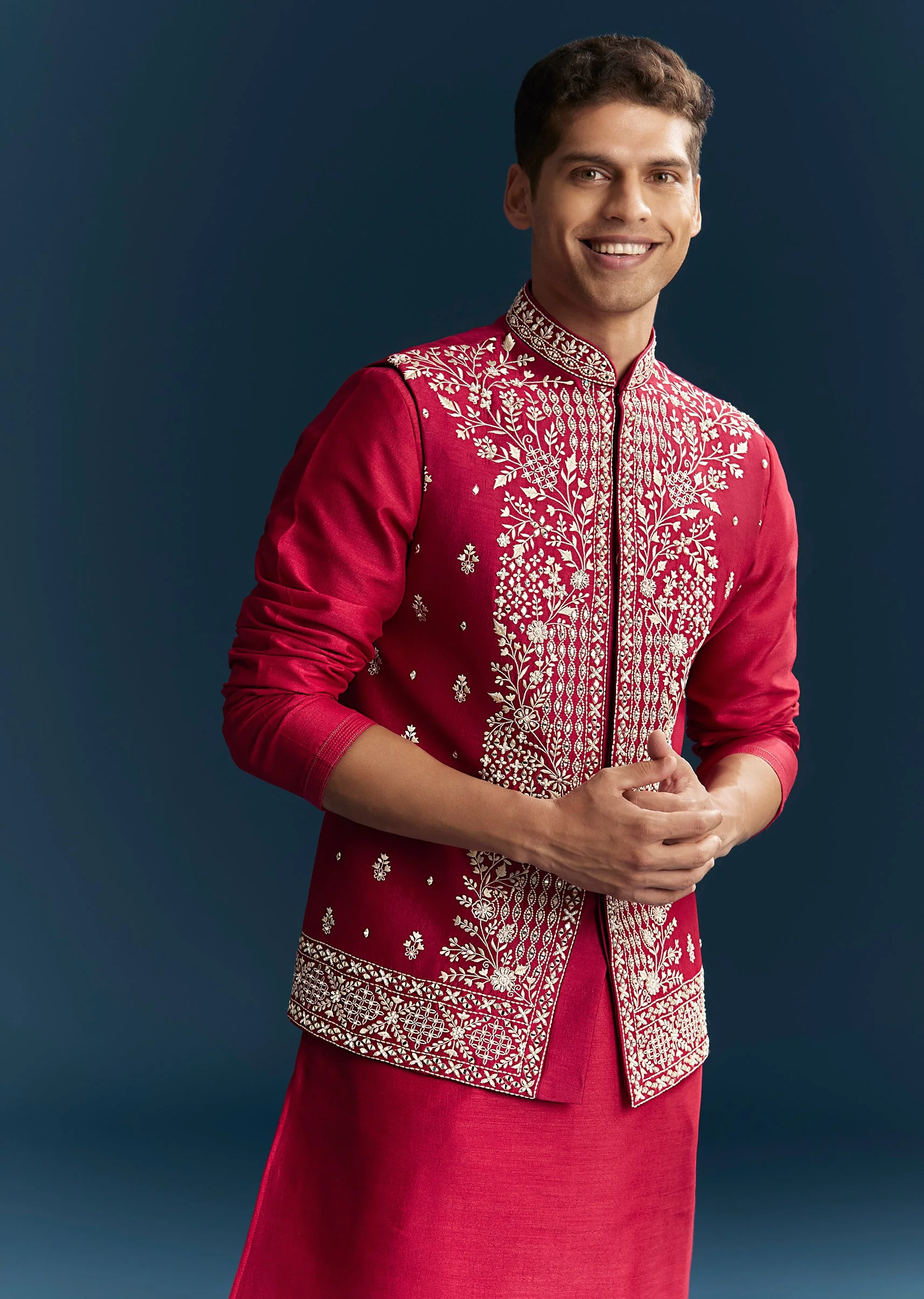 Pink Silk Kurta Jacket Set With Thread And Mirror Work - Image 4