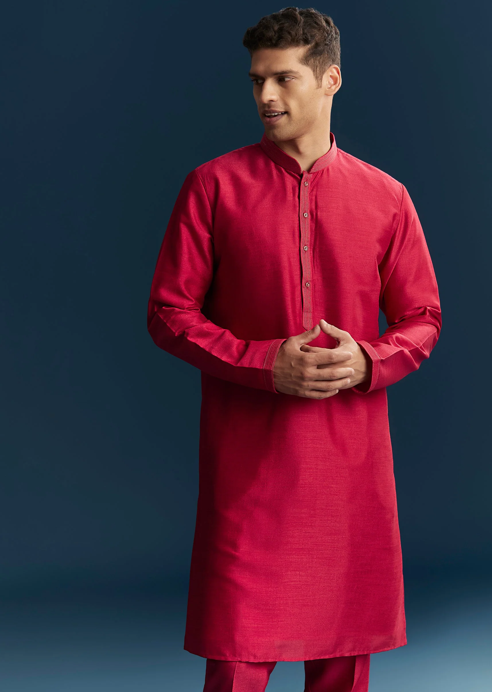 Pink Silk Kurta Jacket Set With Thread And Mirror Work - Image 6