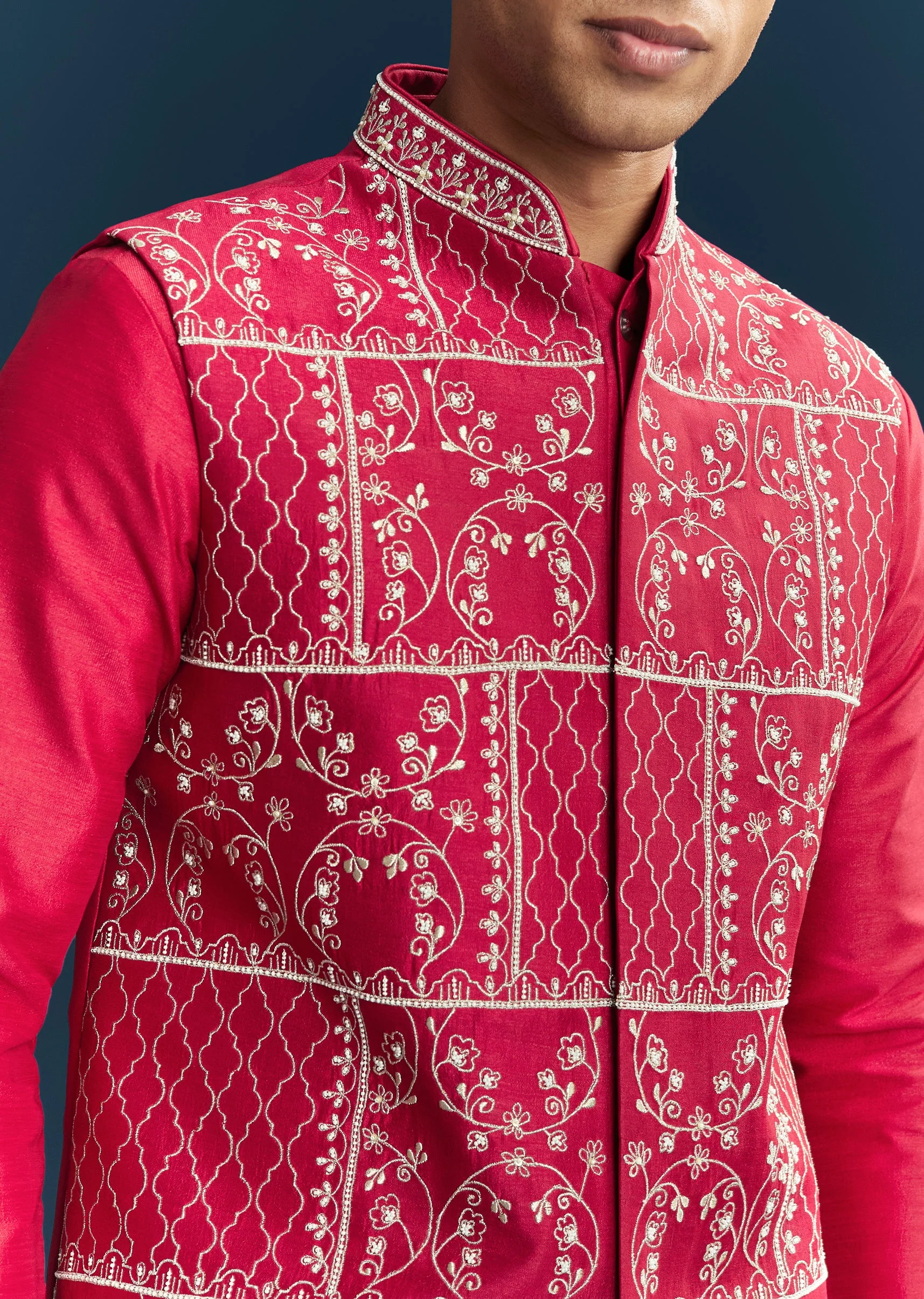 Pink Silk Kurta Jacket Set With Thread Detail Work - Image 2