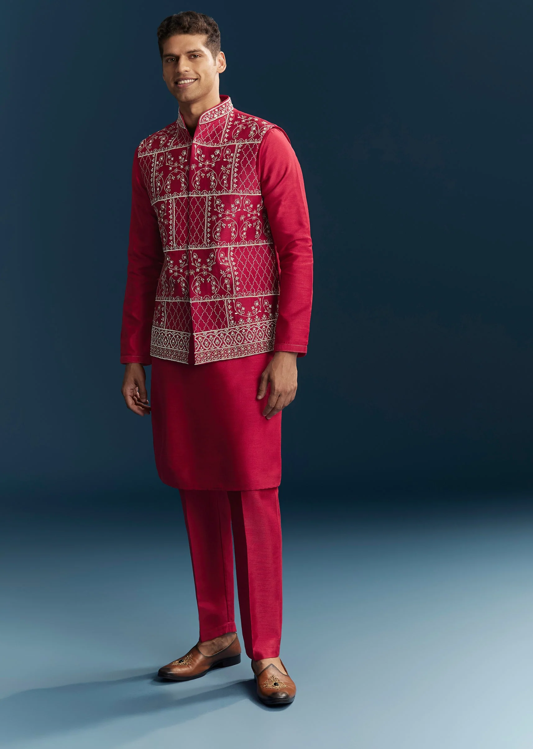 Pink Silk Kurta Jacket Set With Thread Detail Work - Image 3