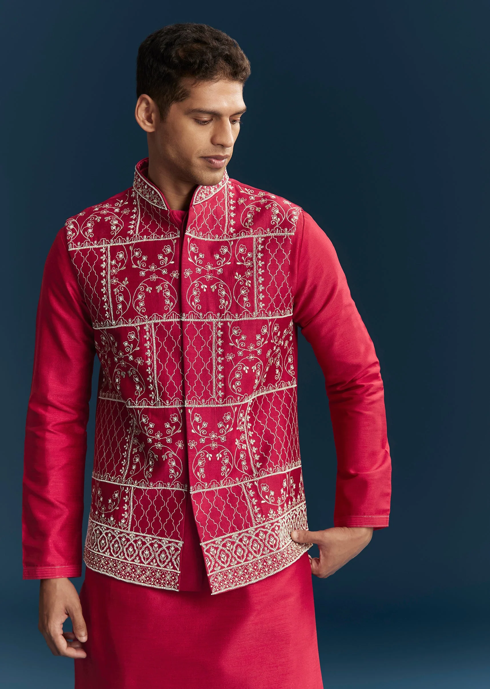 Pink Silk Kurta Jacket Set With Thread Detail Work - Image 4