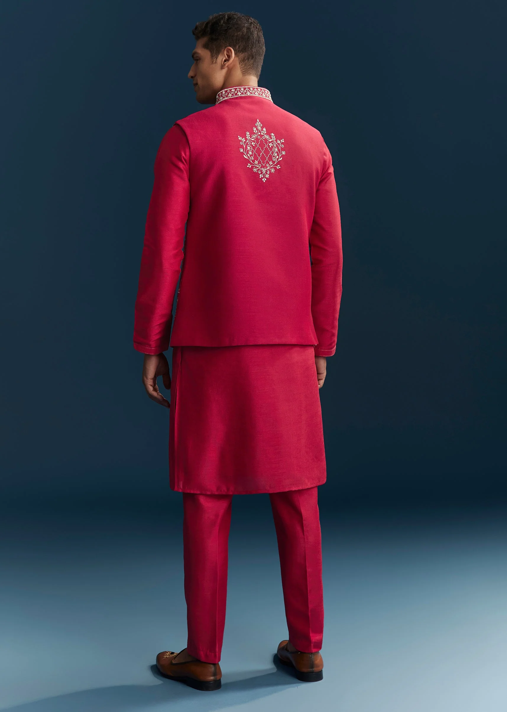 Pink Silk Kurta Jacket Set With Thread Detail Work - Image 5