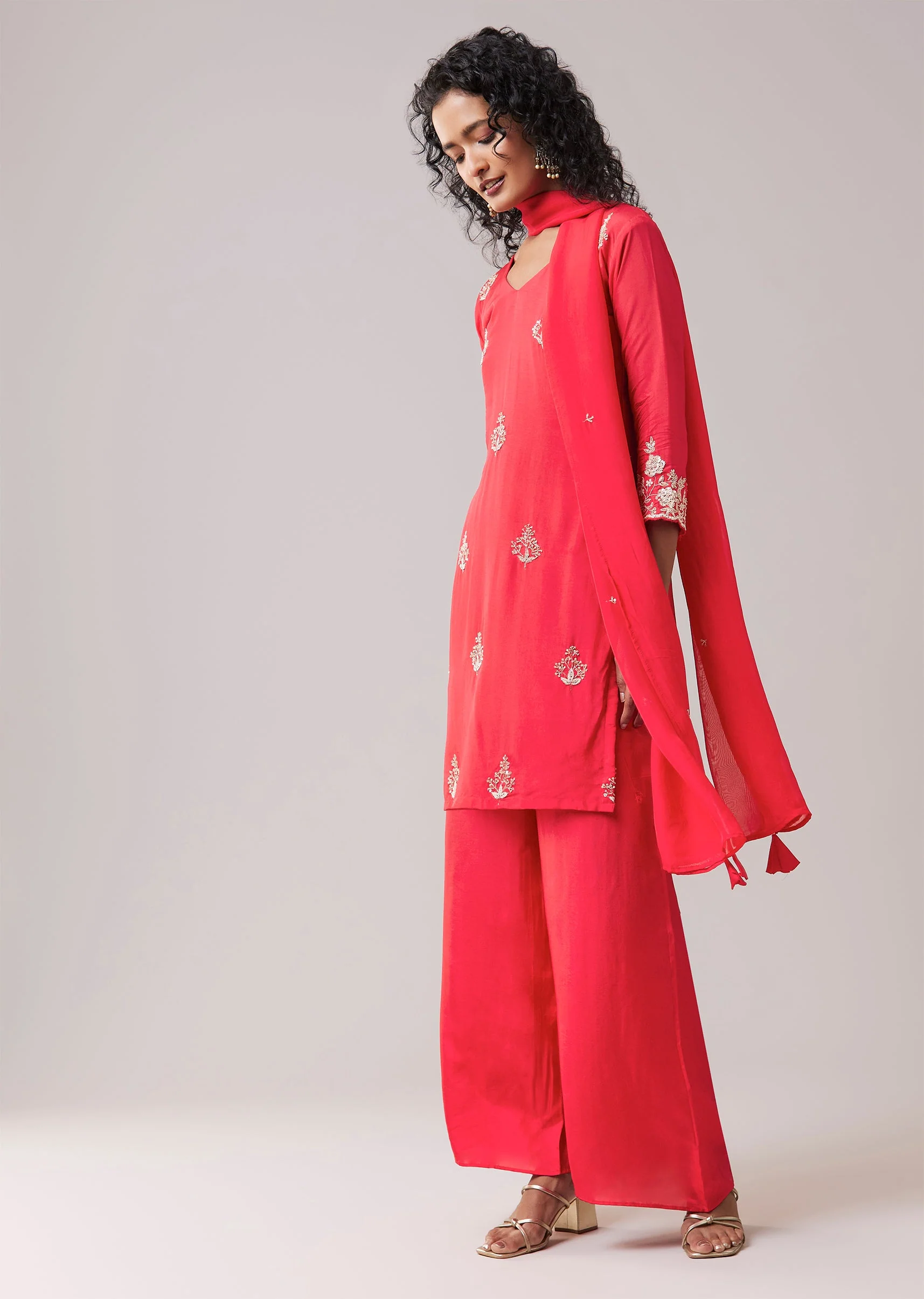 Pink Silk Kurta Palazzo Set with Sequin Work - Image 3