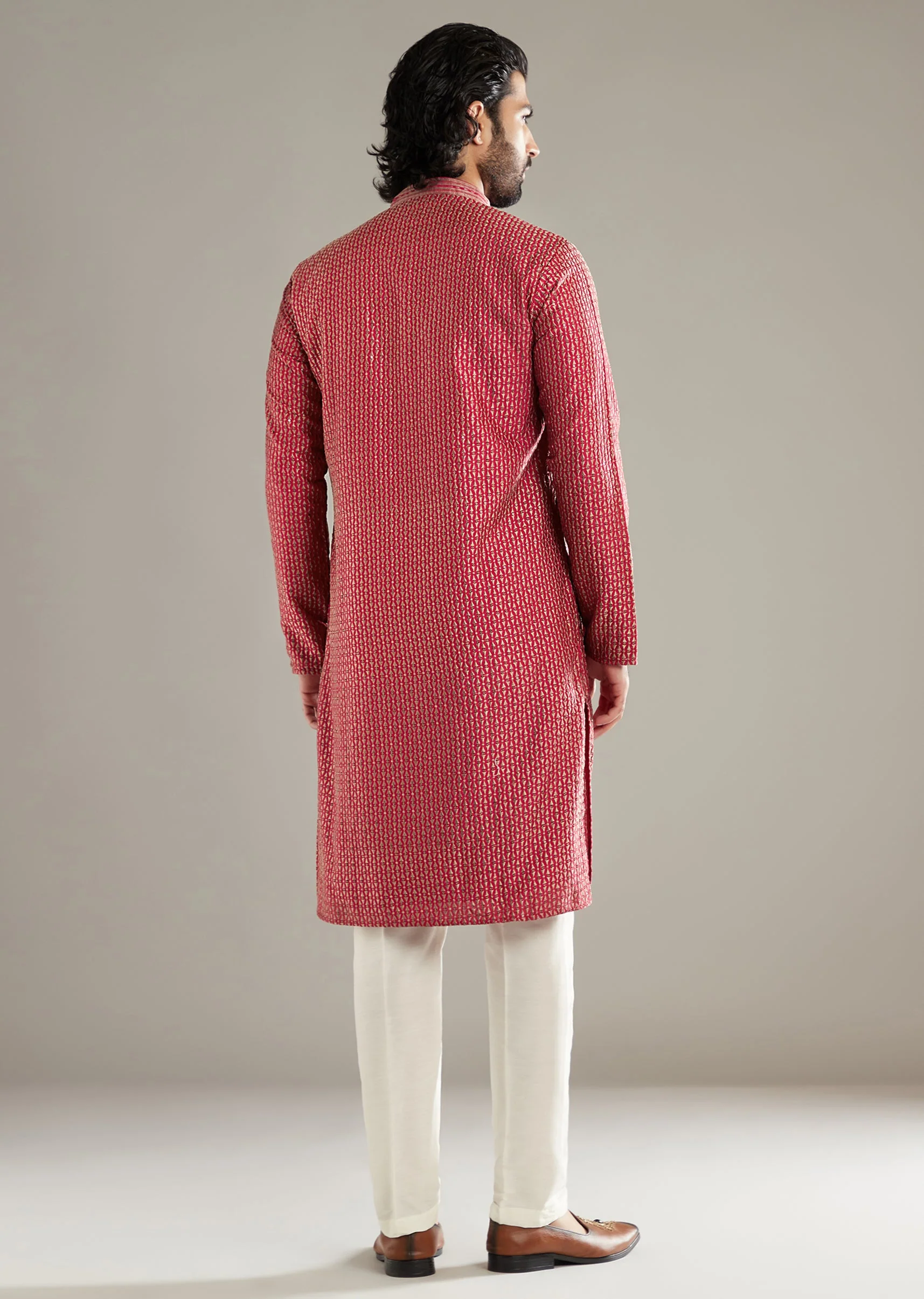Pink Silk Kurta Set For Men With Floral Print - Image 5