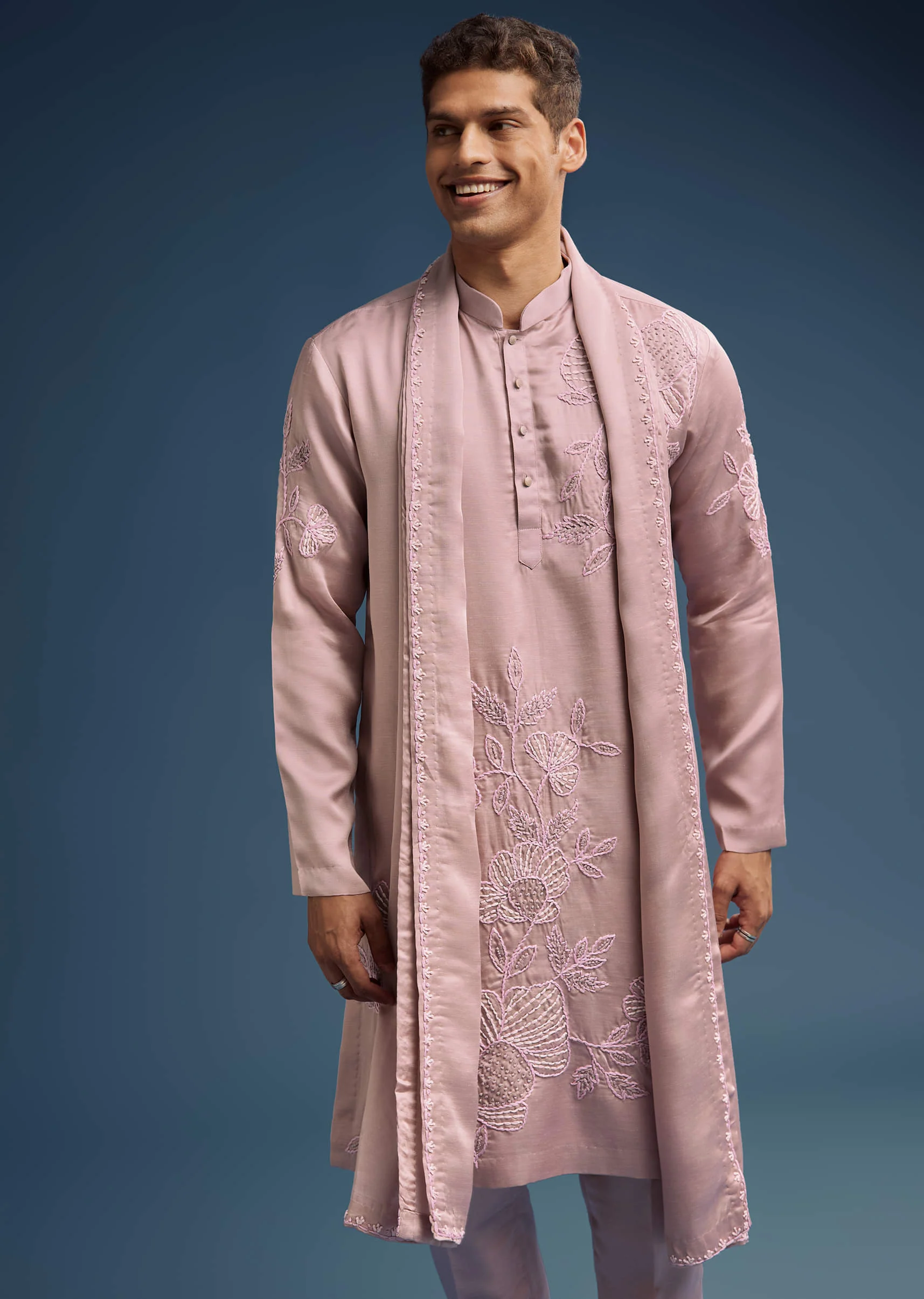 Pink Silk Kurta Set For Men With Hand Done Thread Work - Image 4