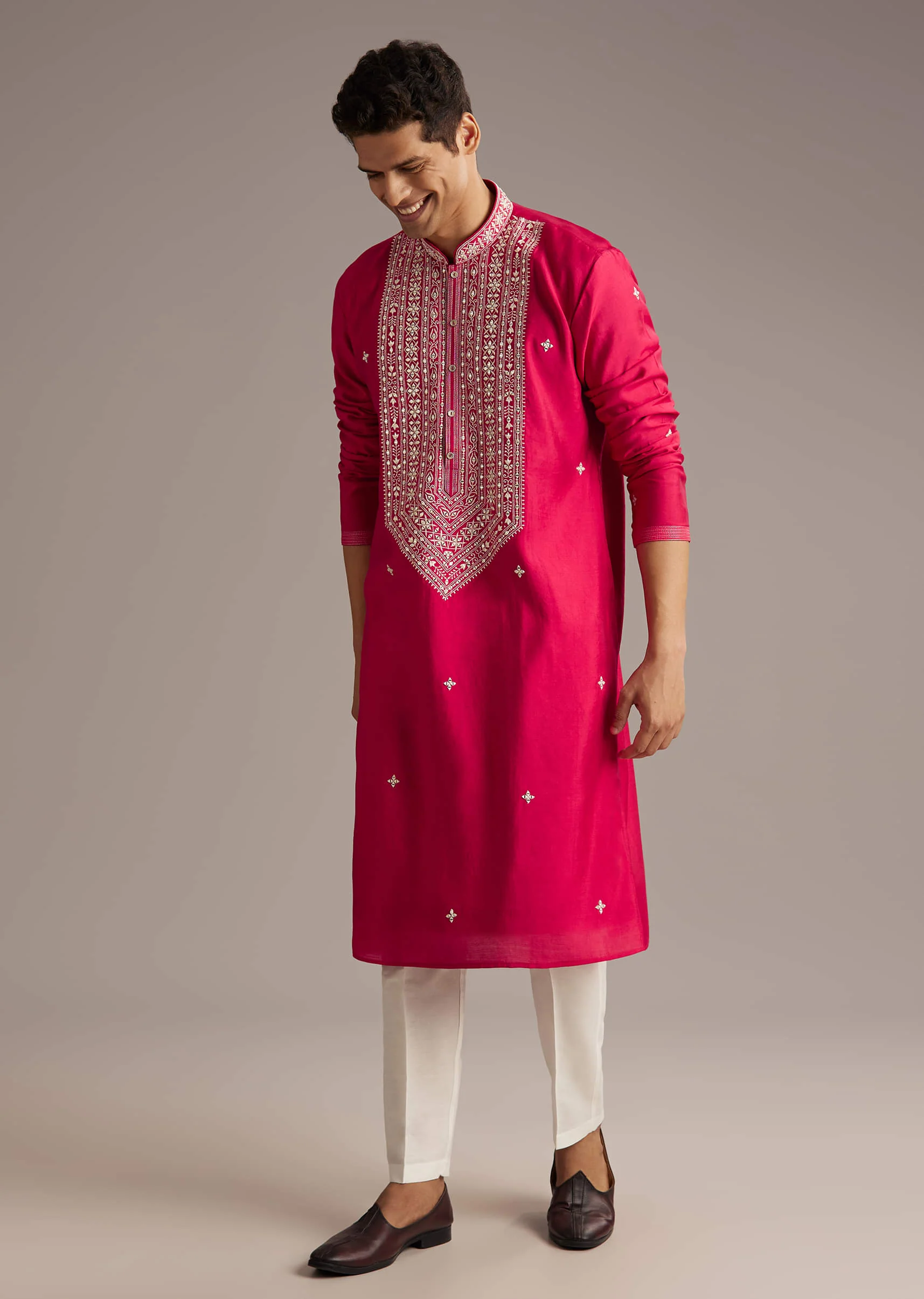 Pink Silk Kurta Set For Men With Mirror And Thread Work - Image 2