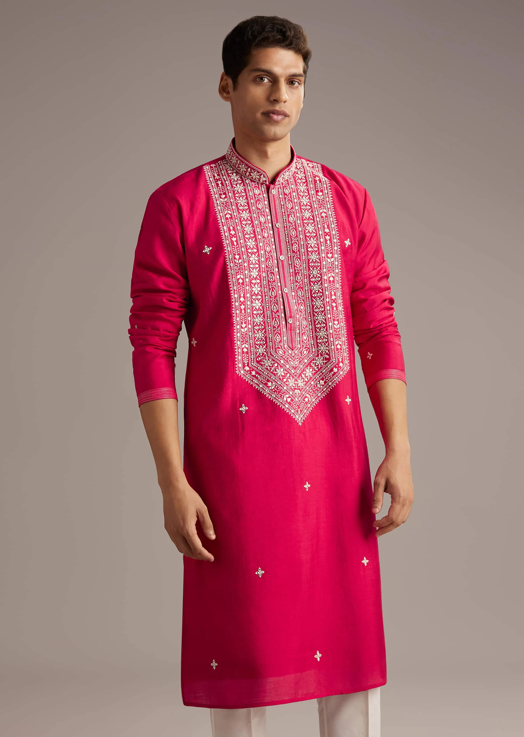 Pink Silk Kurta Set For Men With Mirror And Thread Work - Image 3