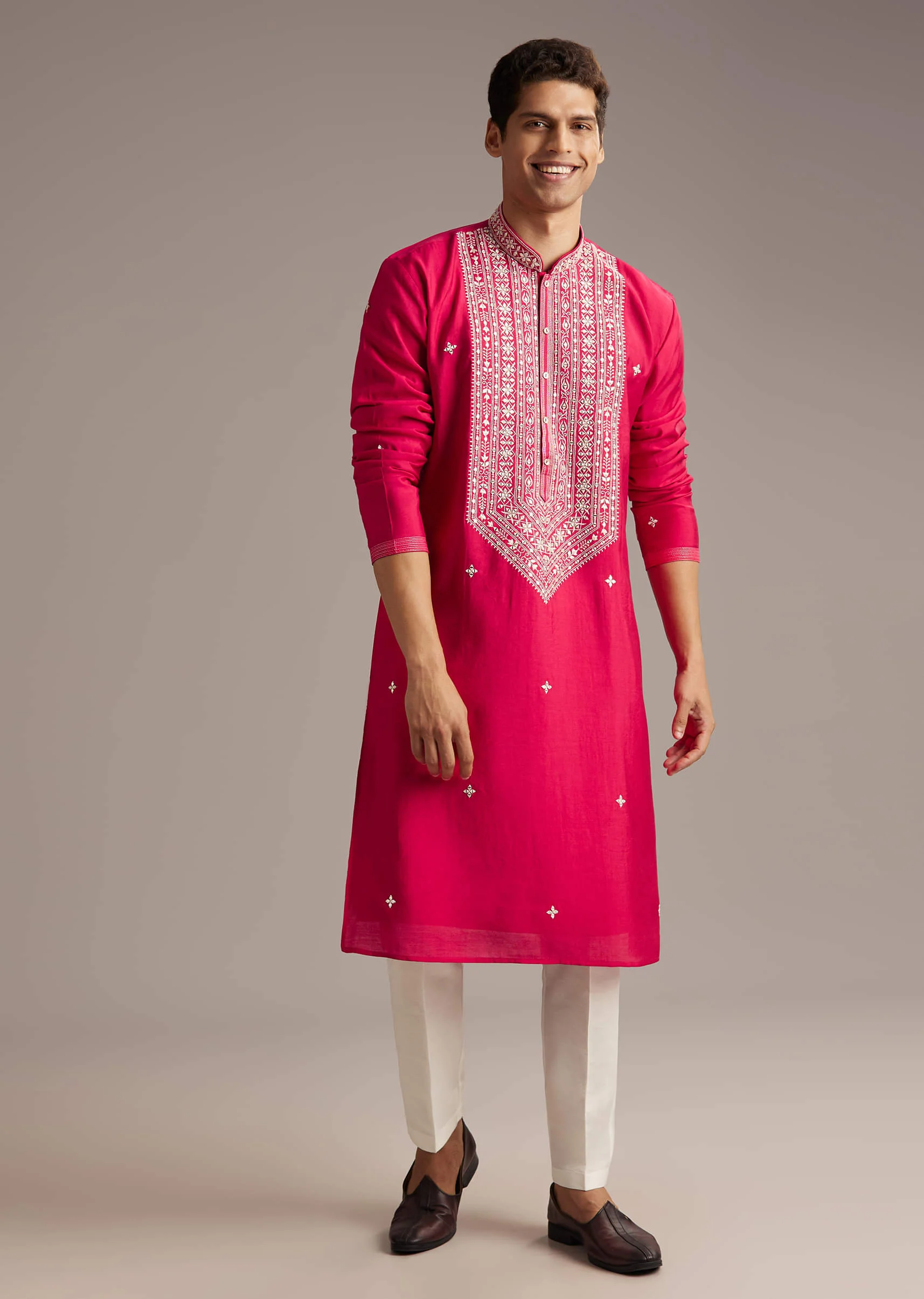 Pink Silk Kurta Set For Men With Mirror And Thread Work - Image 4