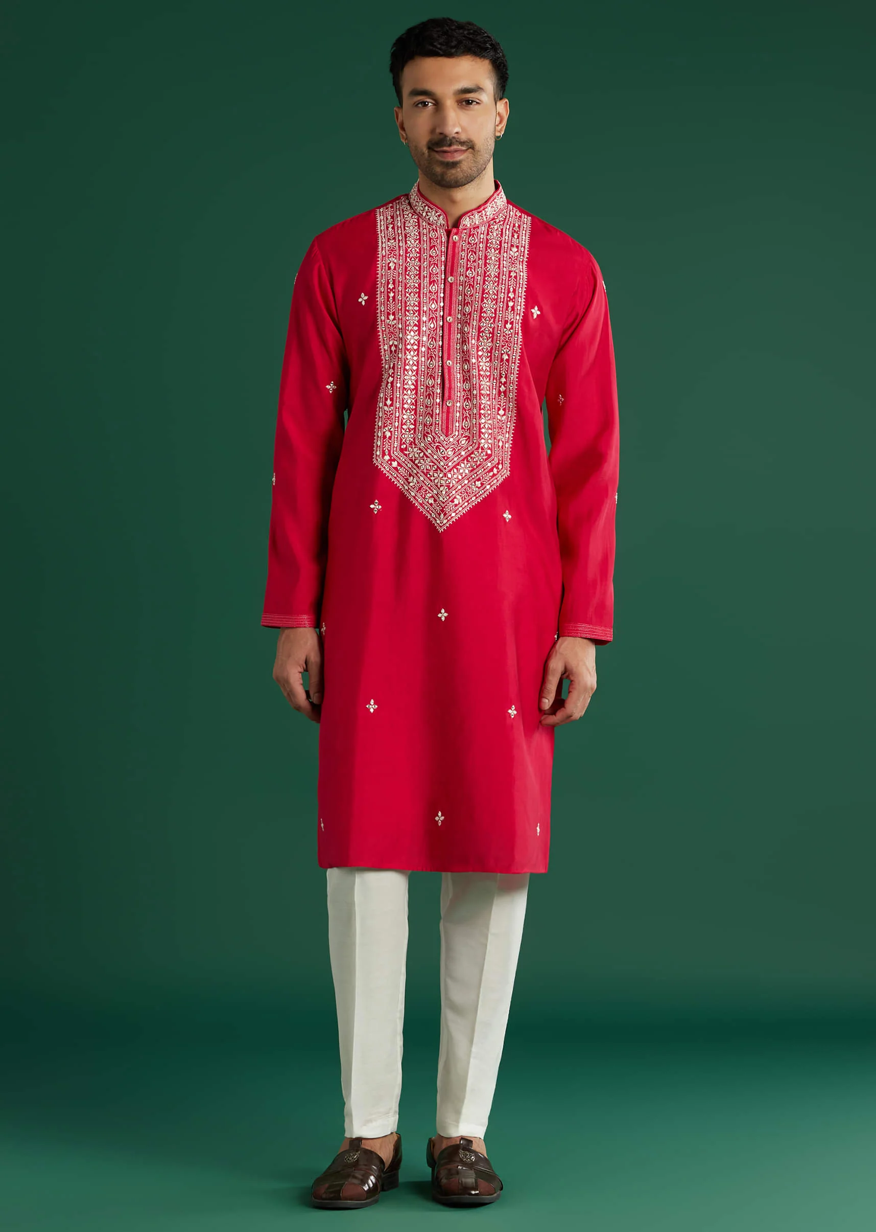 Pink Silk Kurta Set For Men With Mirror And Thread Work - Image 7