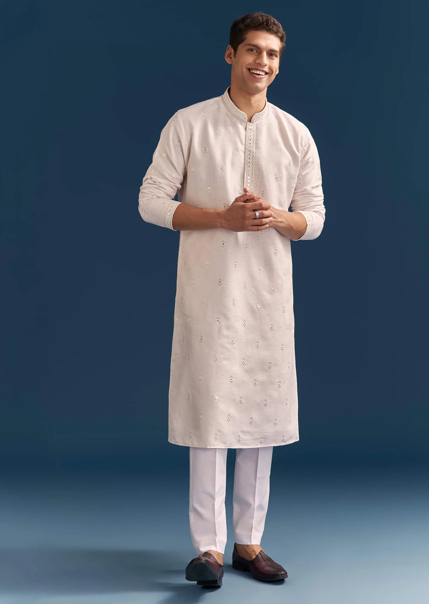 Pink Silk Kurta Set For Men With Mirror Embroidery - Image 4