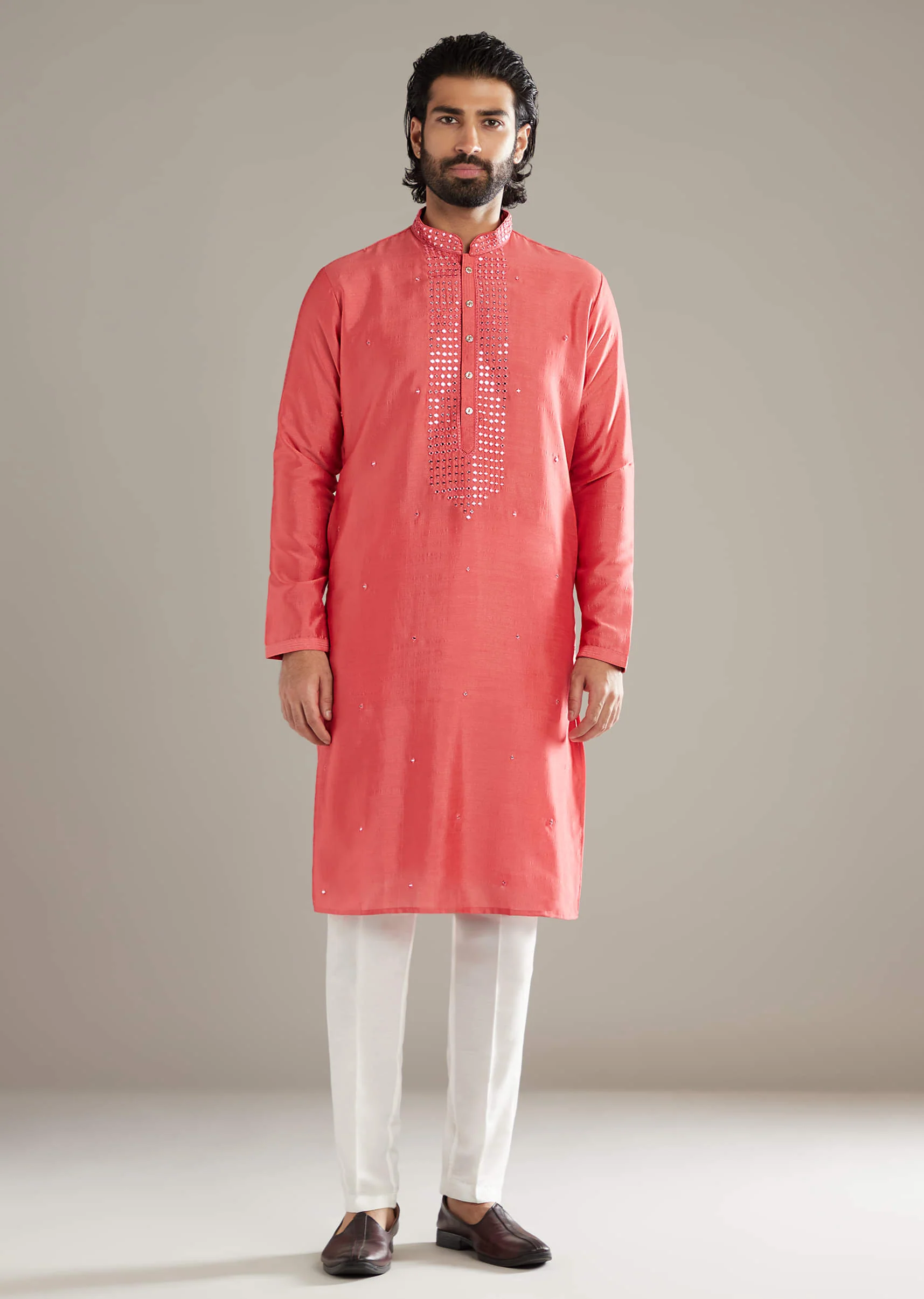 Pink Silk Kurta Set For Men With Mirror Work - Image 2