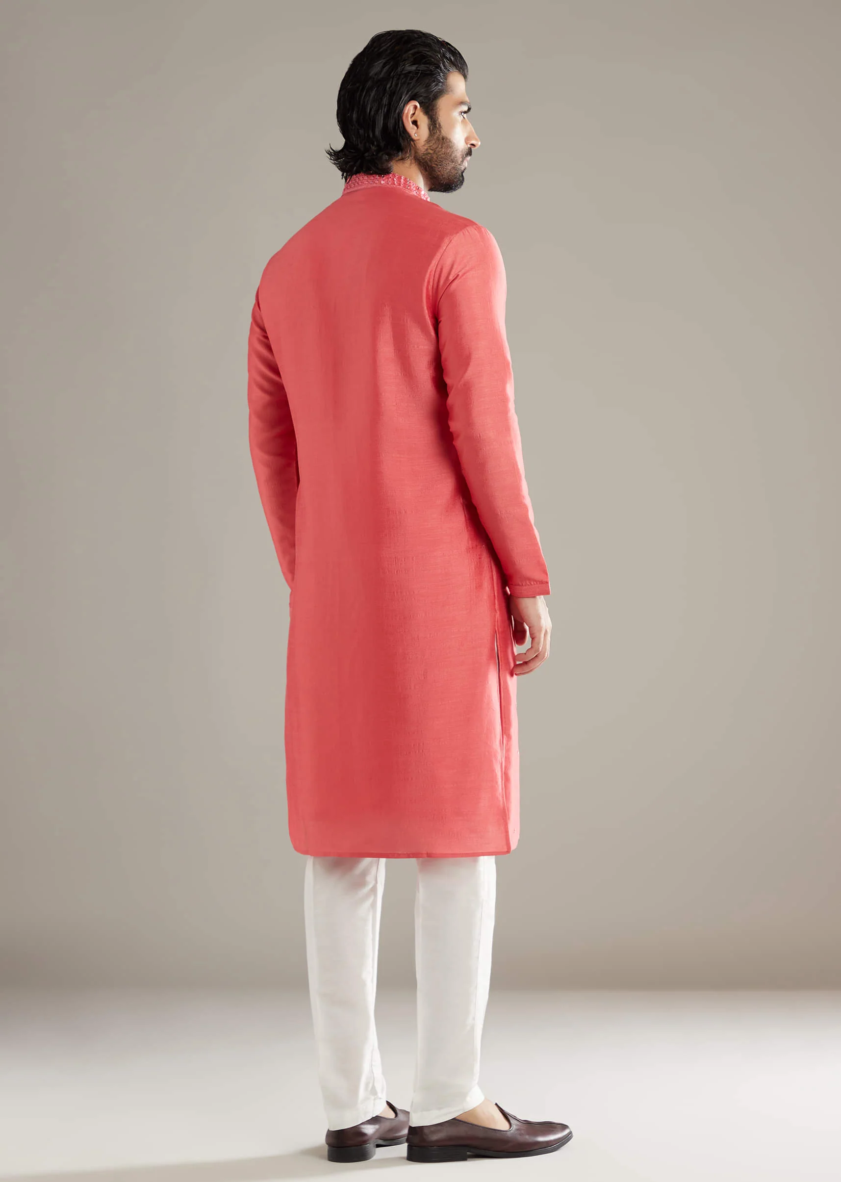 Pink Silk Kurta Set For Men With Mirror Work - Image 3