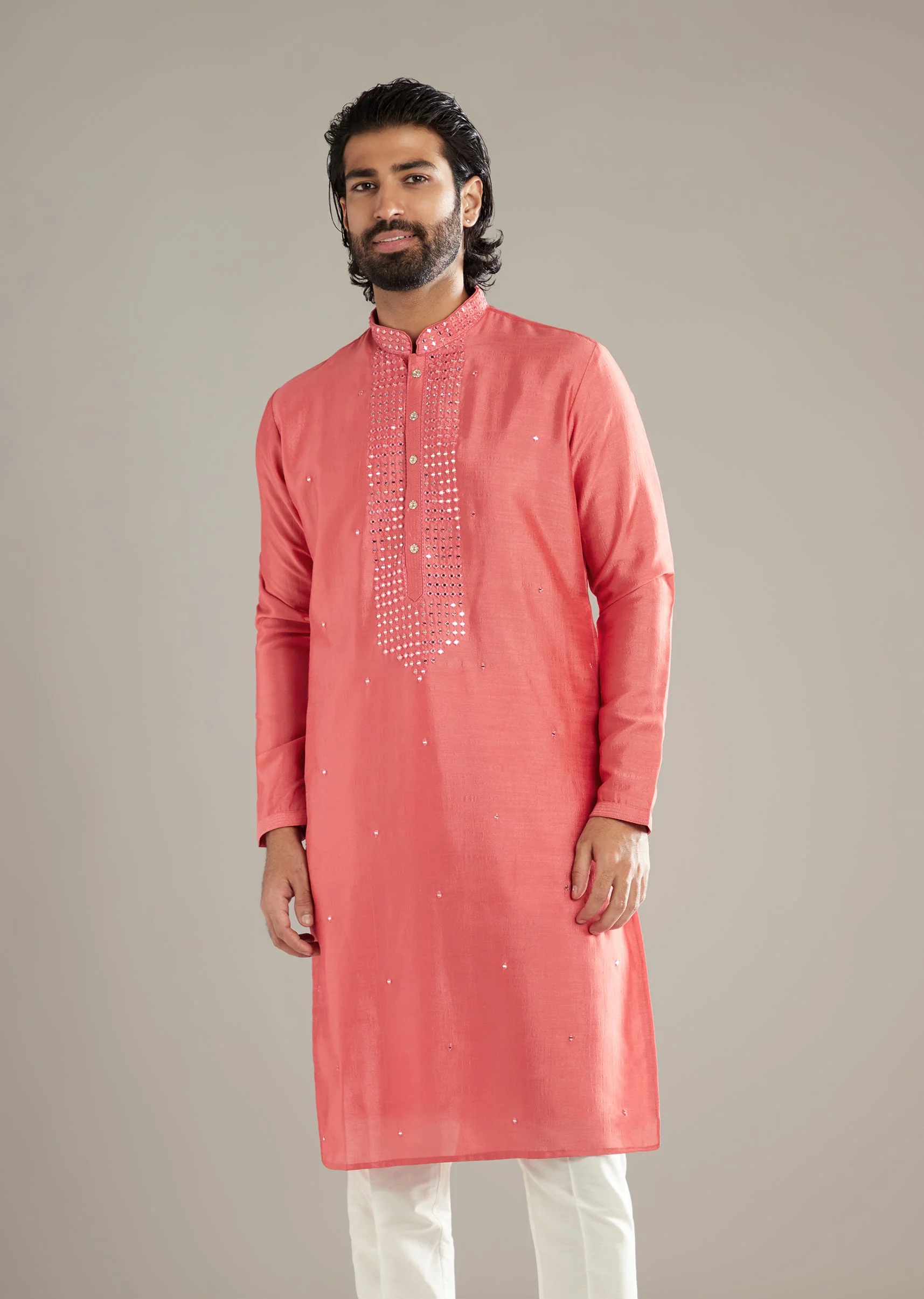 Pink Silk Kurta Set For Men With Mirror Work - Image 4