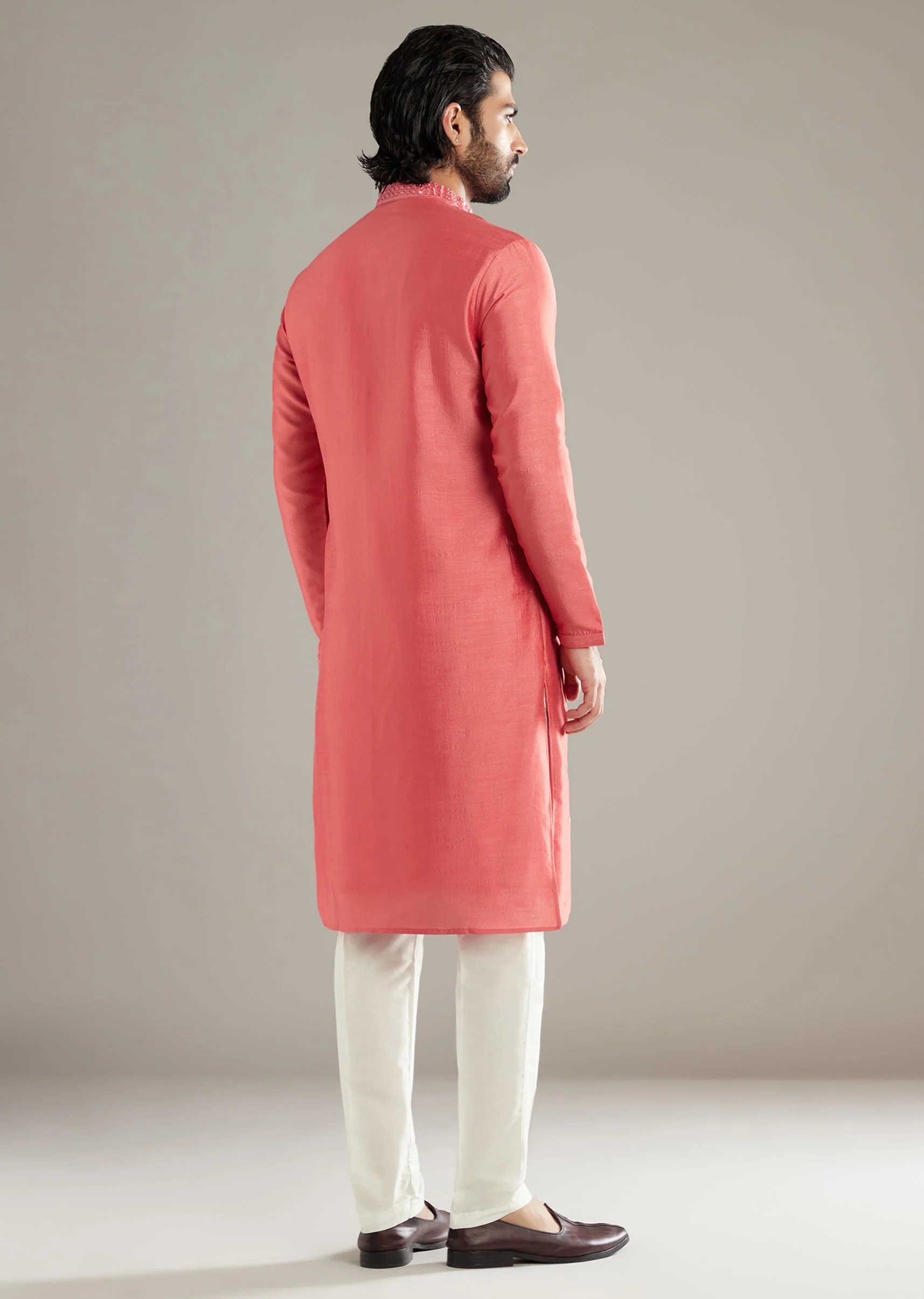 Pink Silk Kurta Set For Men With Mirror Work - Image 5