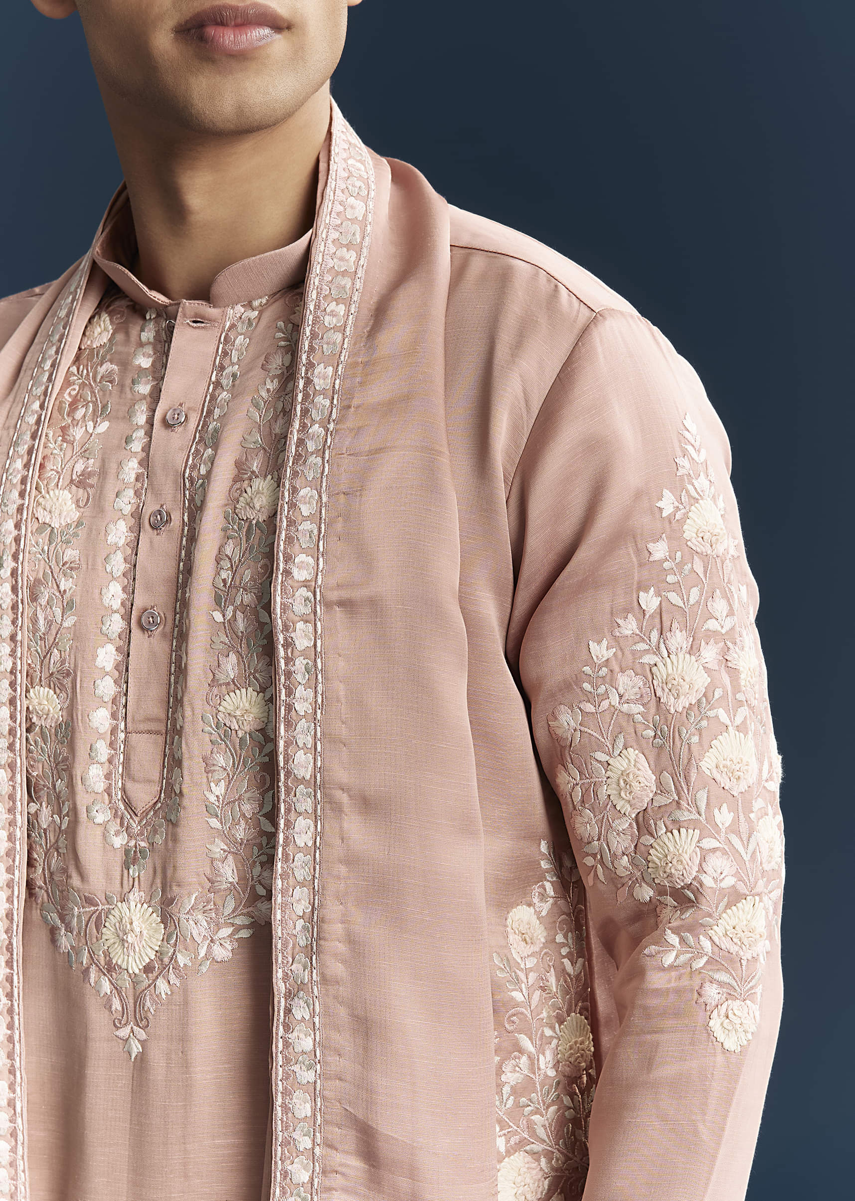 Pink Silk Kurta Set For Men With Tonal Embroidery - Image 2