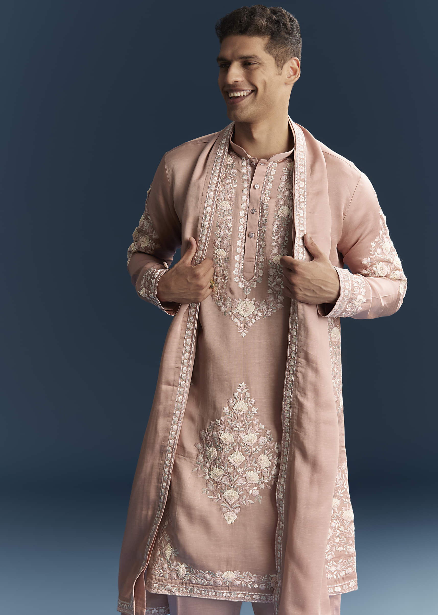 Pink Silk Kurta Set For Men With Tonal Embroidery - Image 4