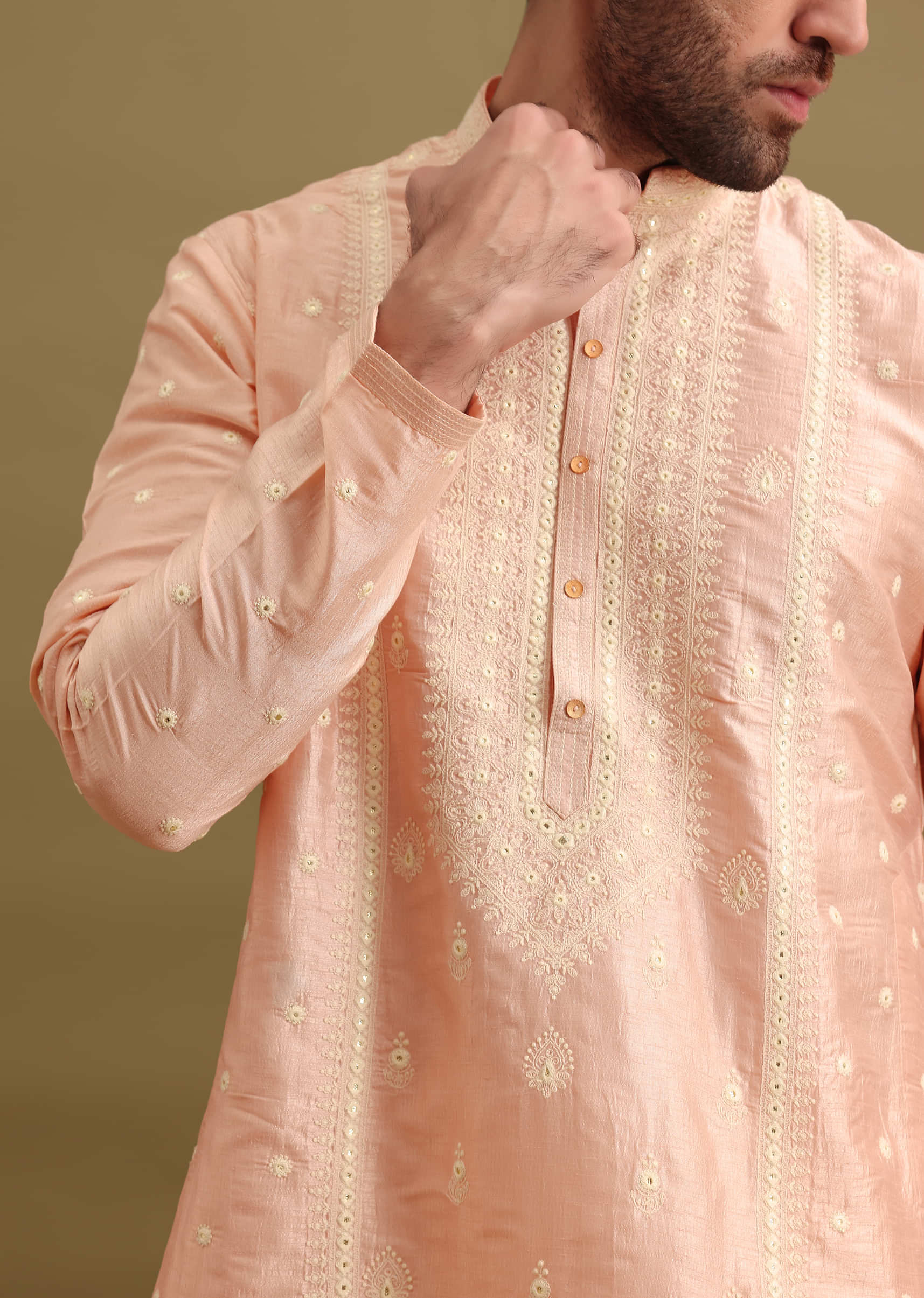 Pink Silk Kurta Set In Resham Work For Men - Image 2