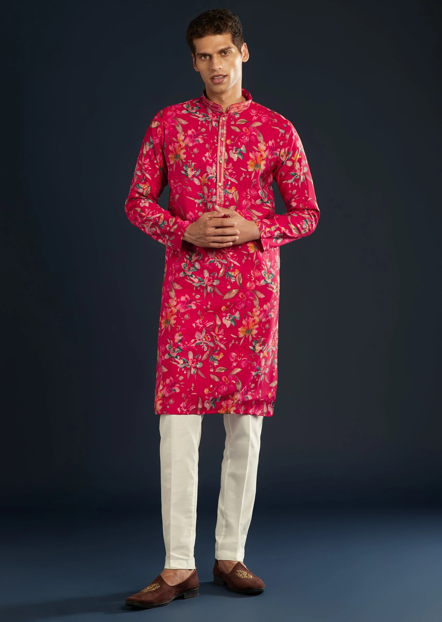 Pink Silk Kurta Set with Floral Motifs - Image 3
