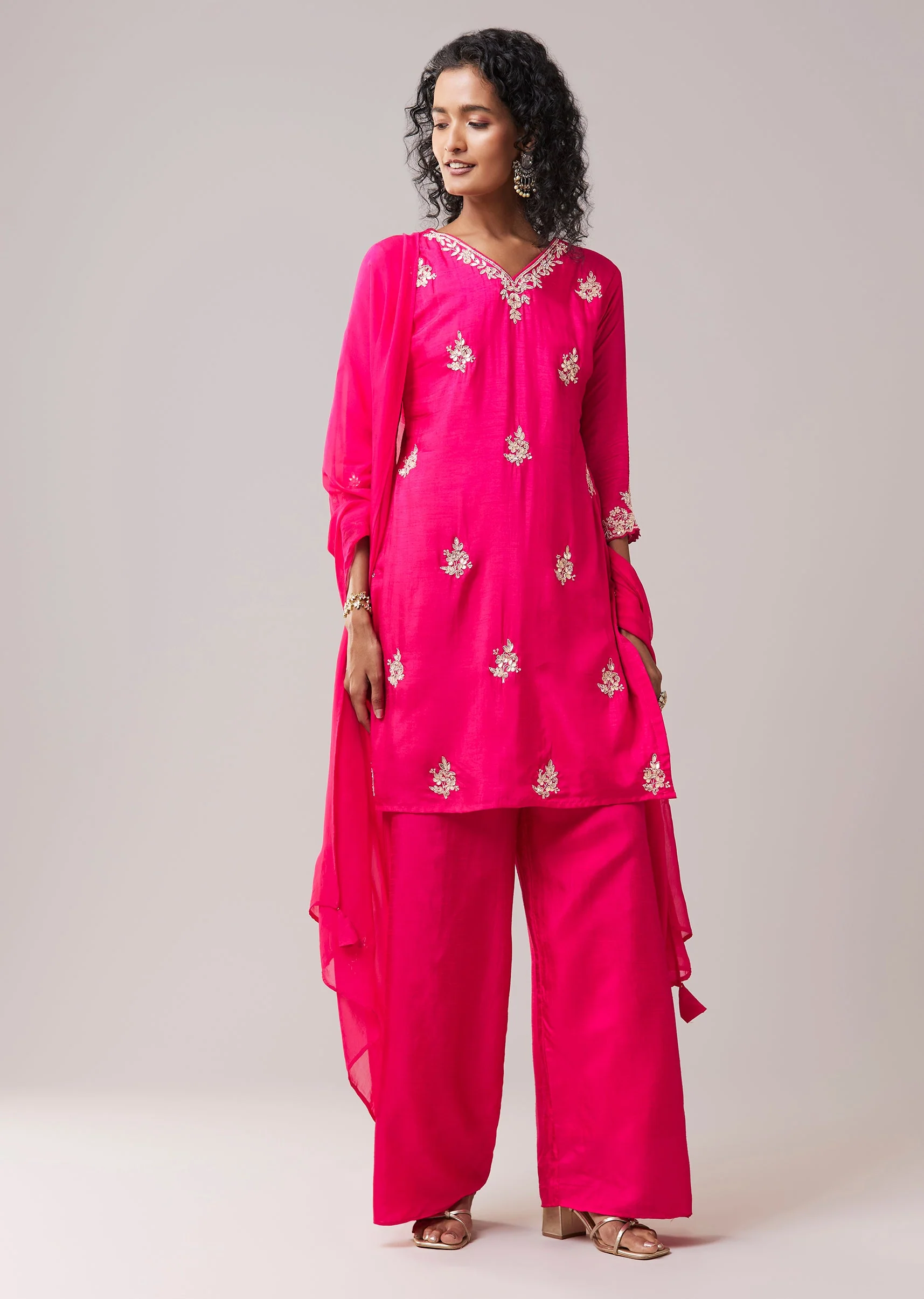 Pink Silk Kurta Set with Gota Work - Image 3