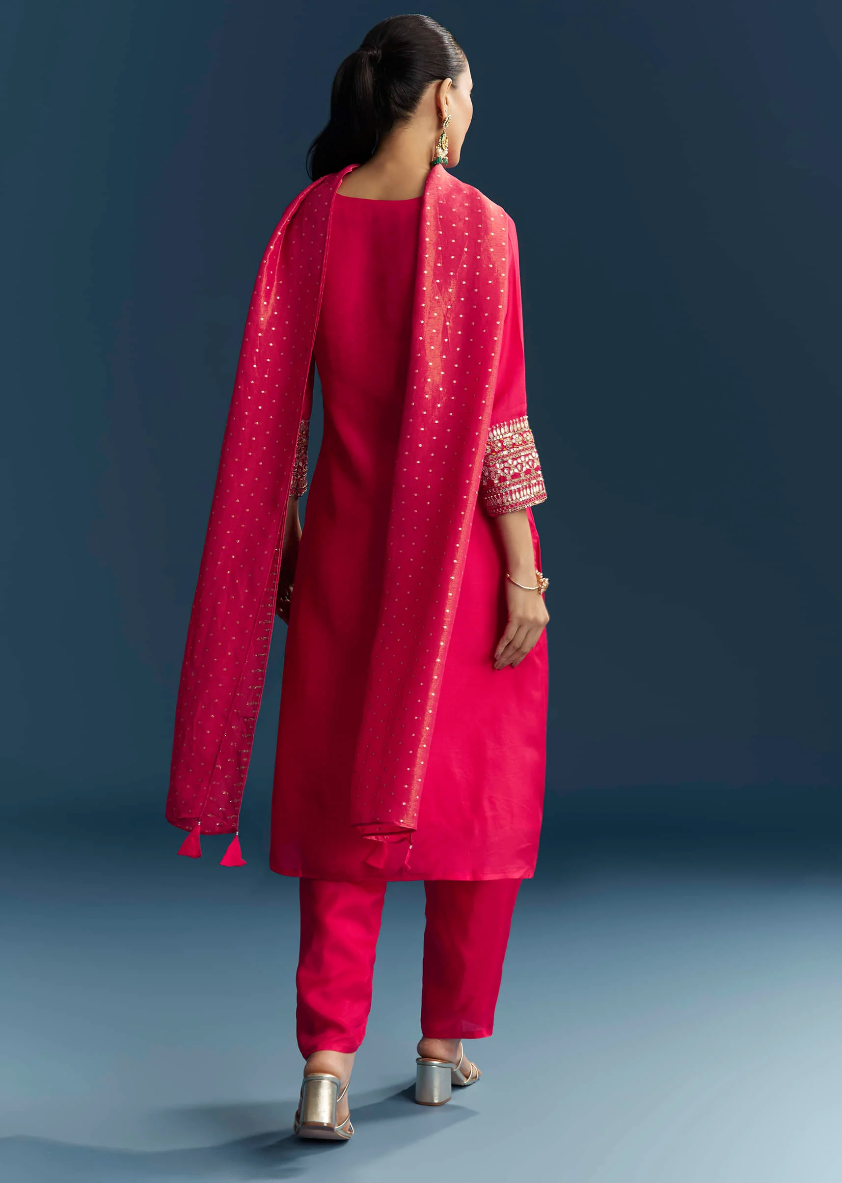 Pink Silk Kurta Set With Gotta Work - Image 5