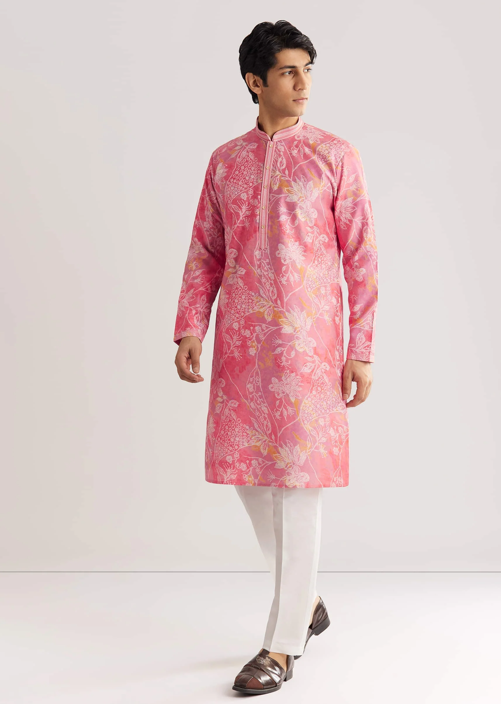 Pink Silk Kurta Set With Mandarin Collar - Image 2