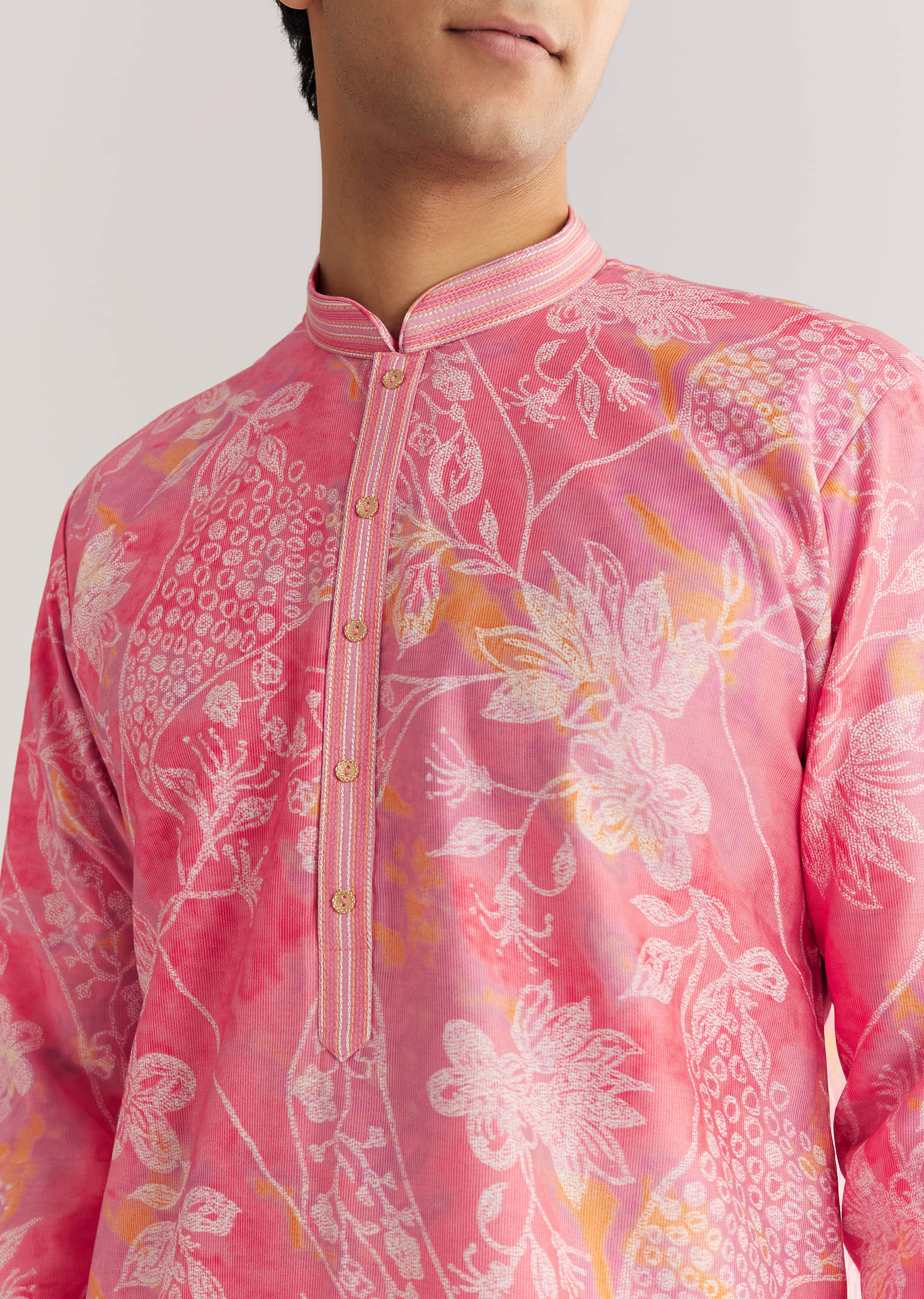 Pink Silk Kurta Set With Mandarin Collar - Image 3