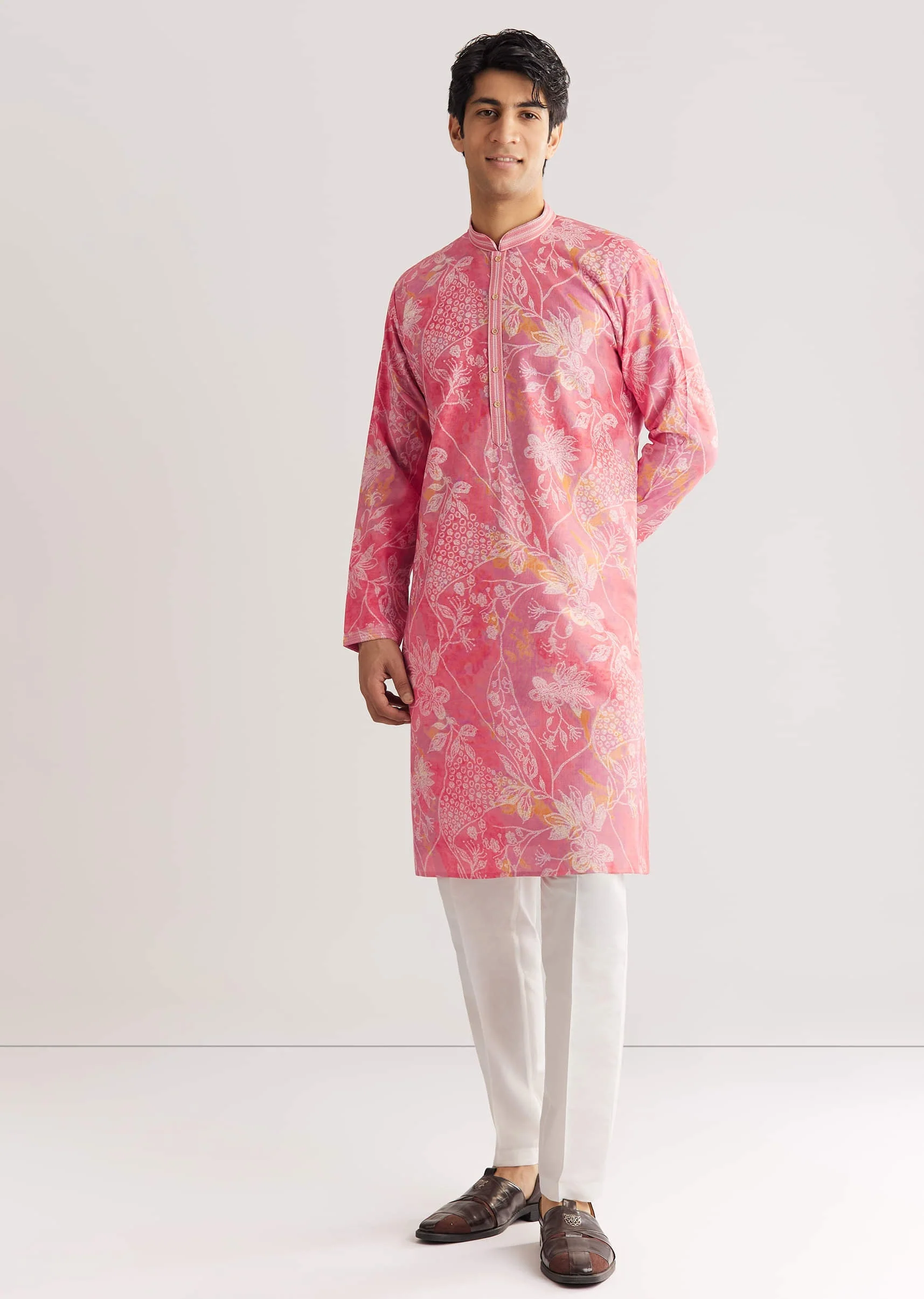 Pink Silk Kurta Set With Mandarin Collar - Image 4