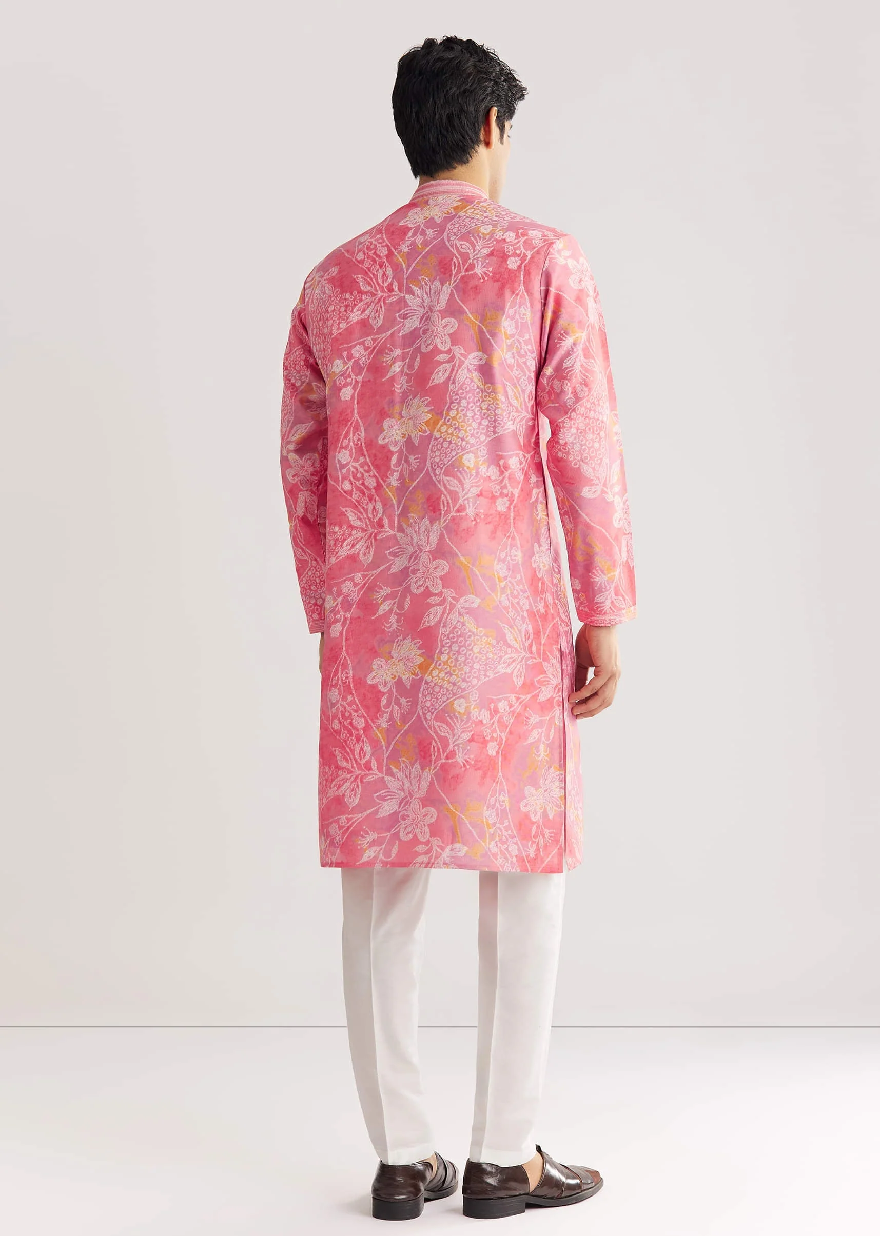 Pink Silk Kurta Set With Mandarin Collar - Image 5