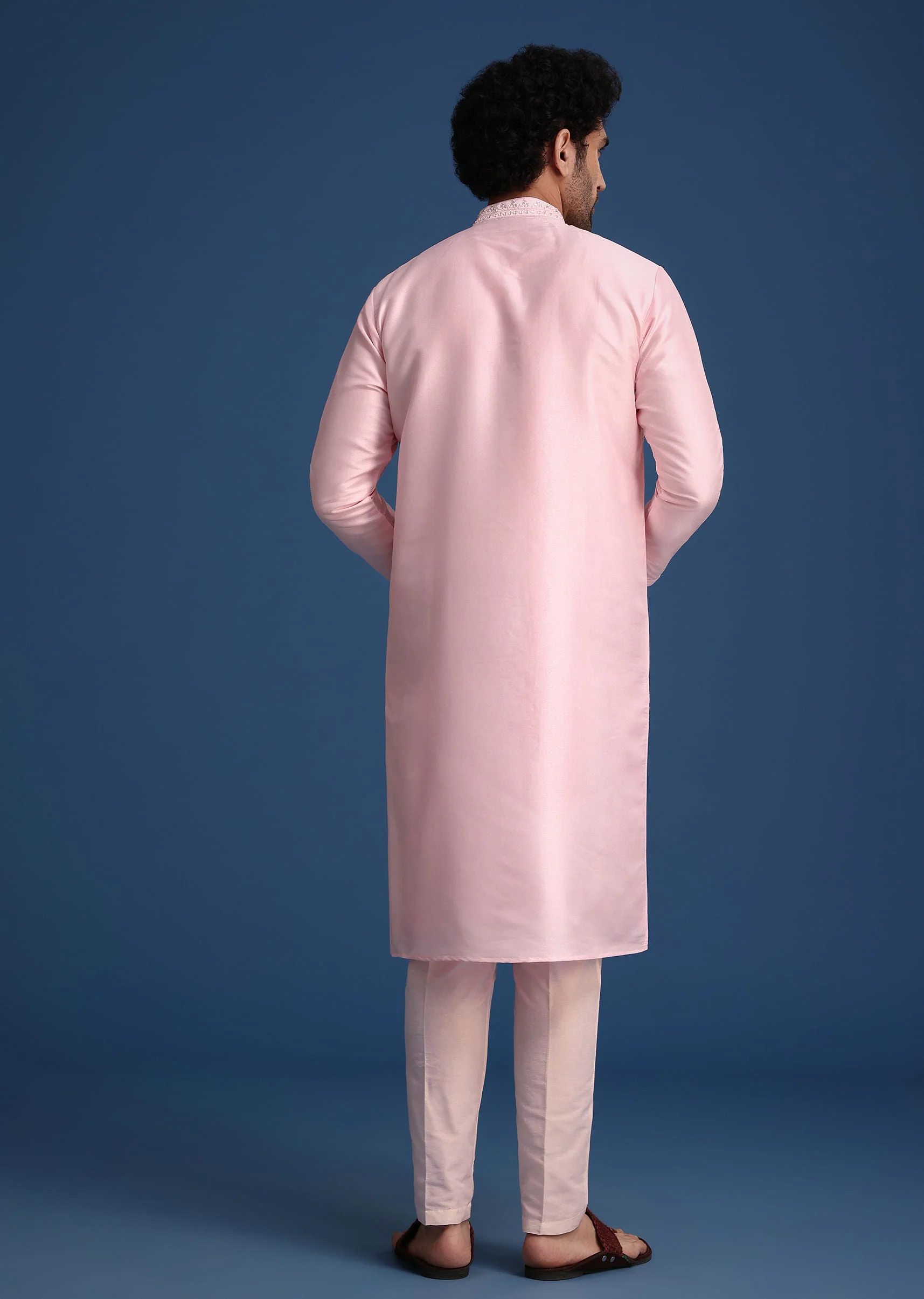 Pink Silk Kurta Set With Mirror Work - Image 5