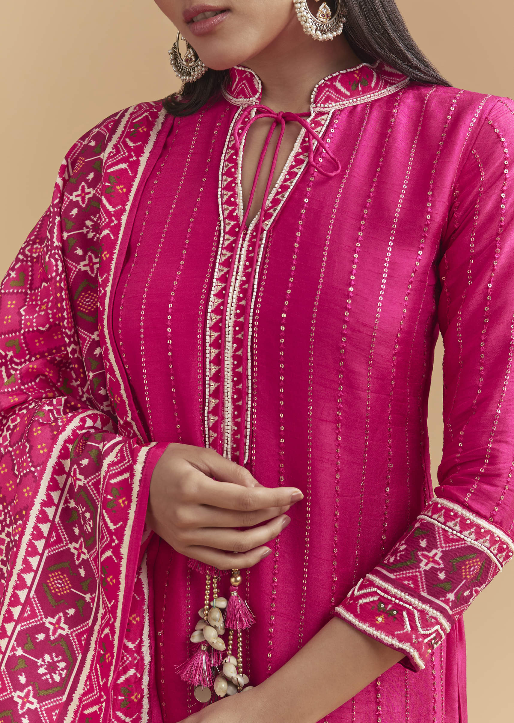 Pink Silk Kurta Set With Sequins Work And Patola Print Dupatta - Image 2