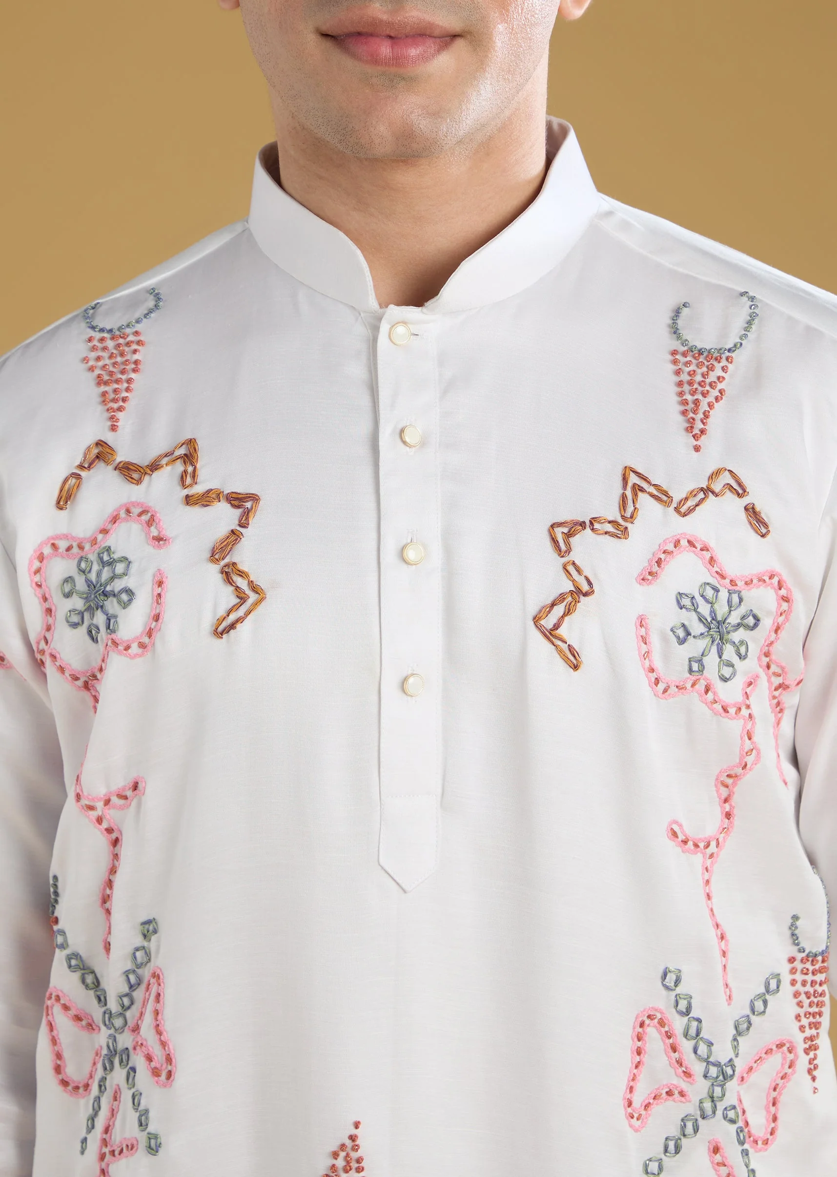 Pink Silk Kurta Set With Thread Detail Work - Image 2