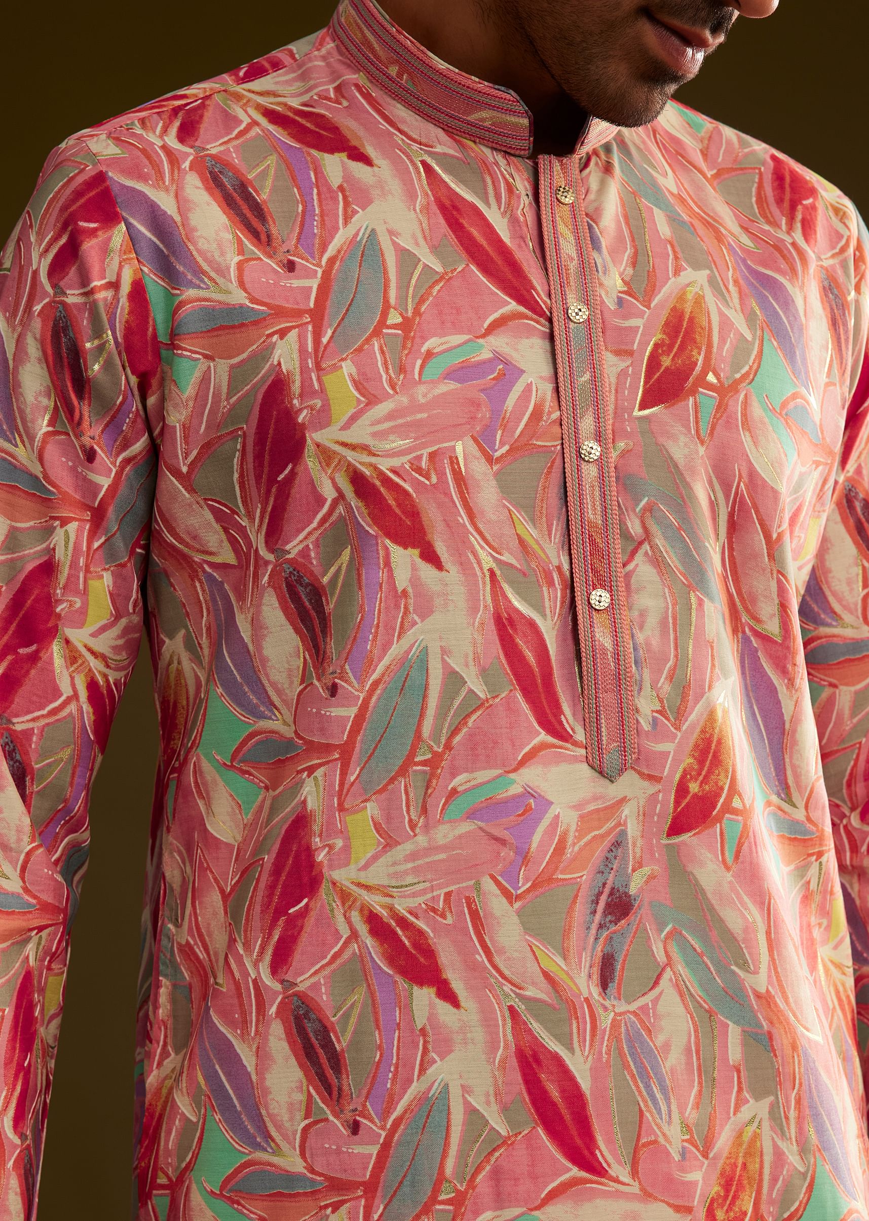 Pink Silk Leaf Printed Kurta Set - Image 2