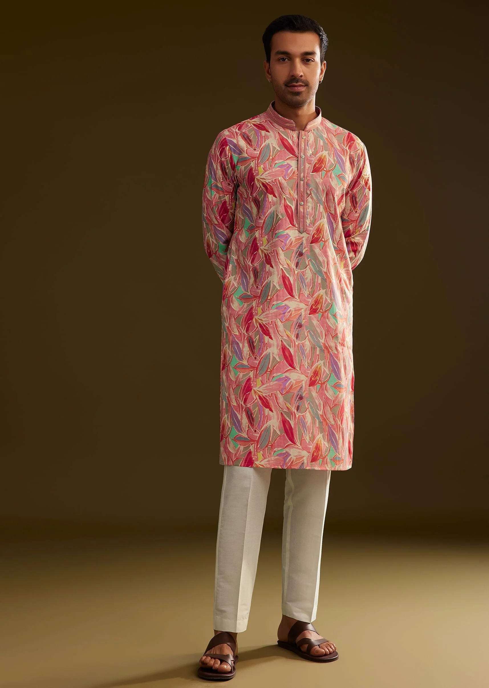 Pink Silk Leaf Printed Kurta Set - Image 3