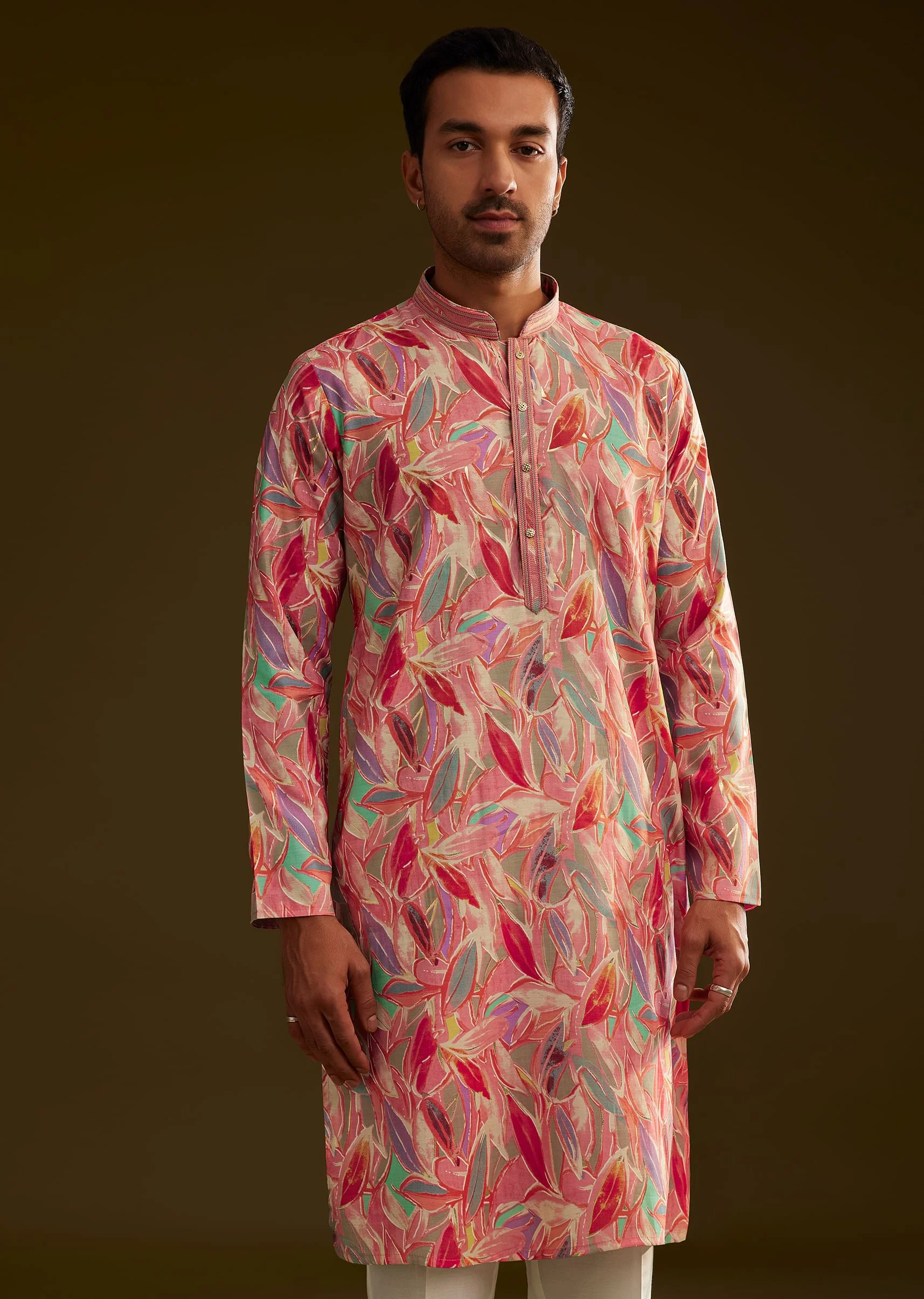 Pink Silk Leaf Printed Kurta Set - Image 4