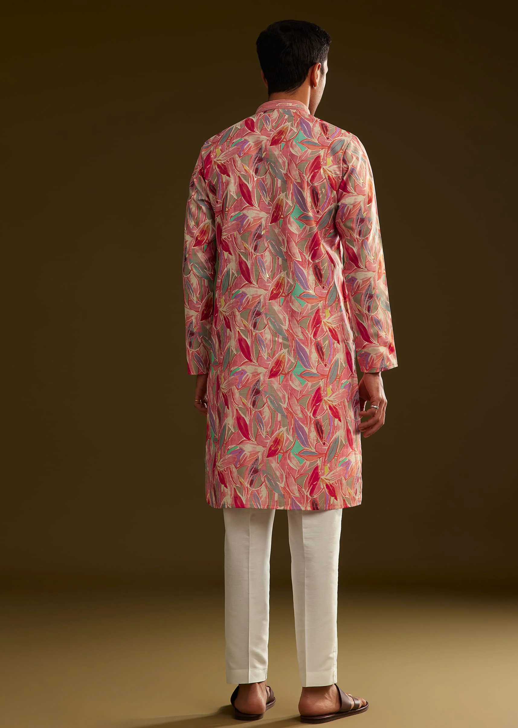 Pink Silk Leaf Printed Kurta Set - Image 5