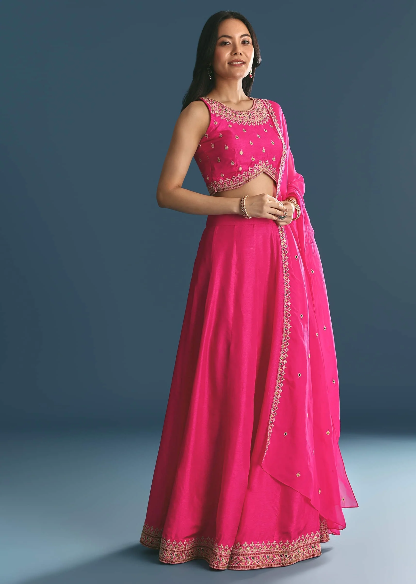 Pink Silk Lehenga Dupatta Set With Zari And Sequins Work - Image 3