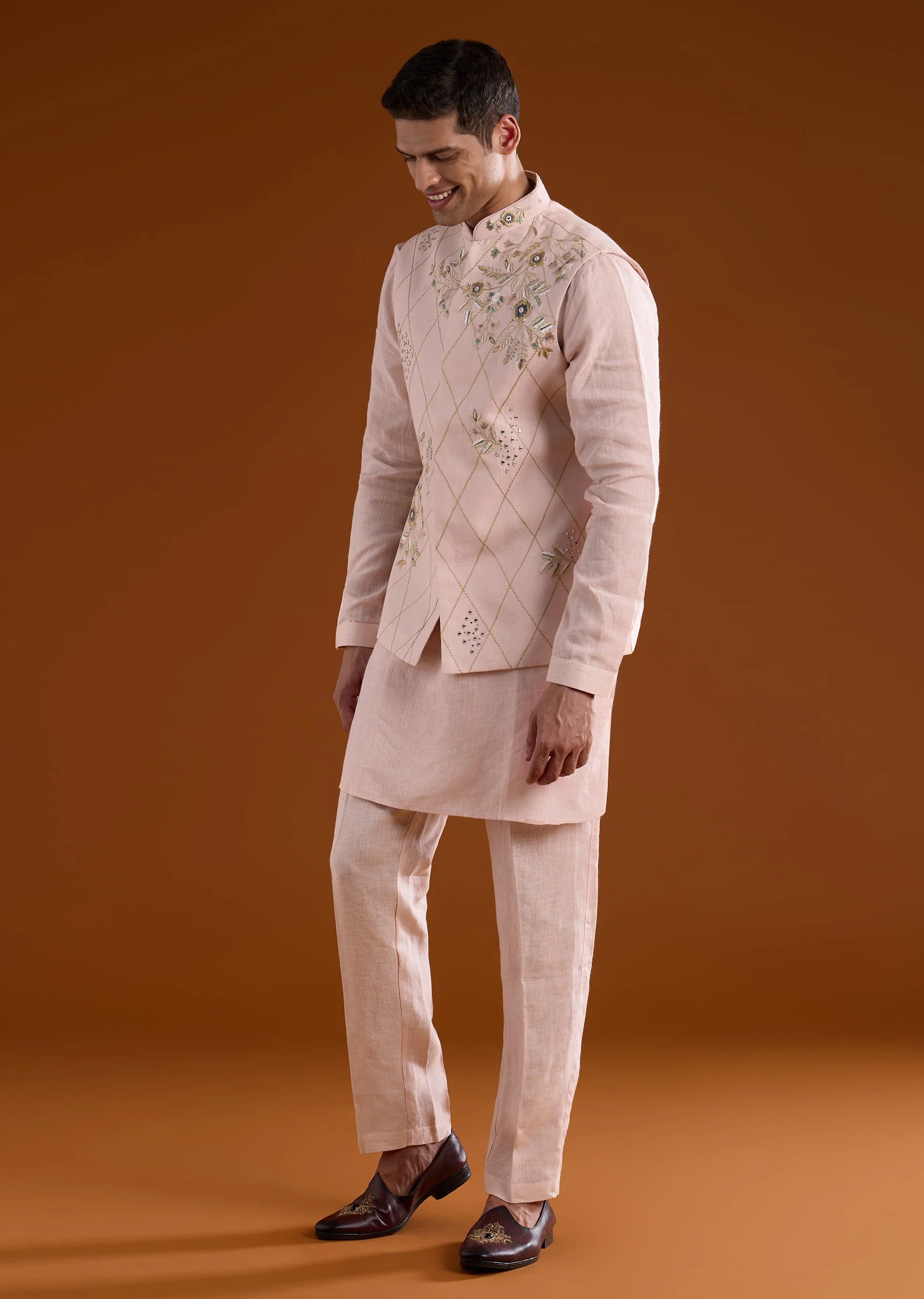 Pink Silk Mens Kurta Jacket Set With Thread And Mirror Work - Image 3