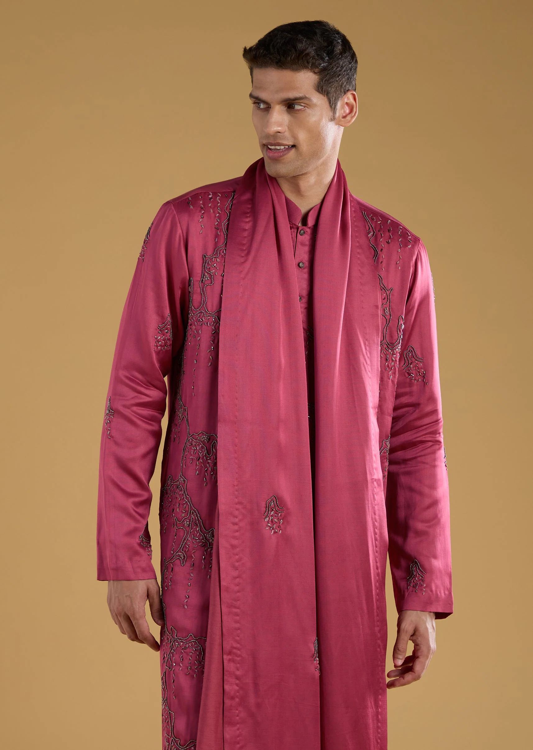 Pink Silk Men's Kurta Set with Dupatta - Image 2