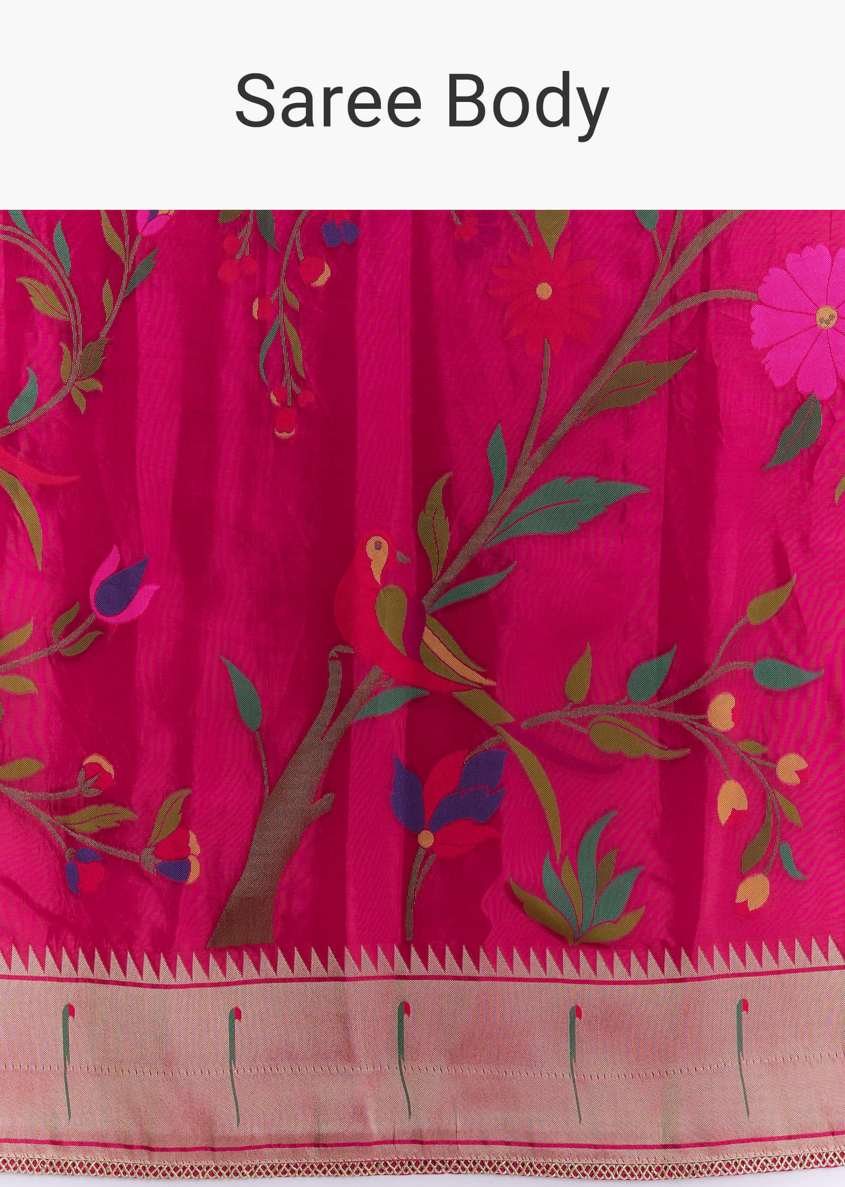 Pink Silk Muniya Paithani Saree With Multicolour Floral Motifs - Image 10