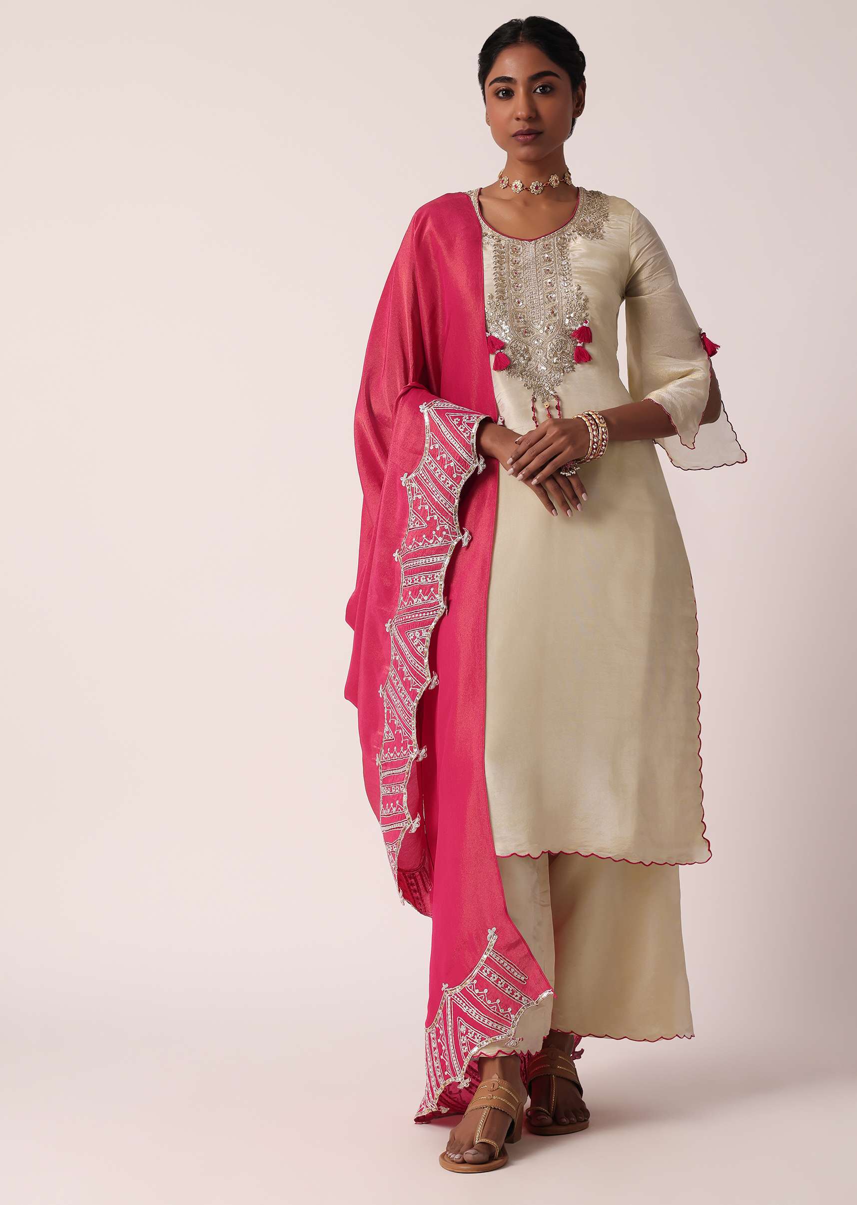 Pink Silk Palazzo Set With Embroidered Kurta - Image 3