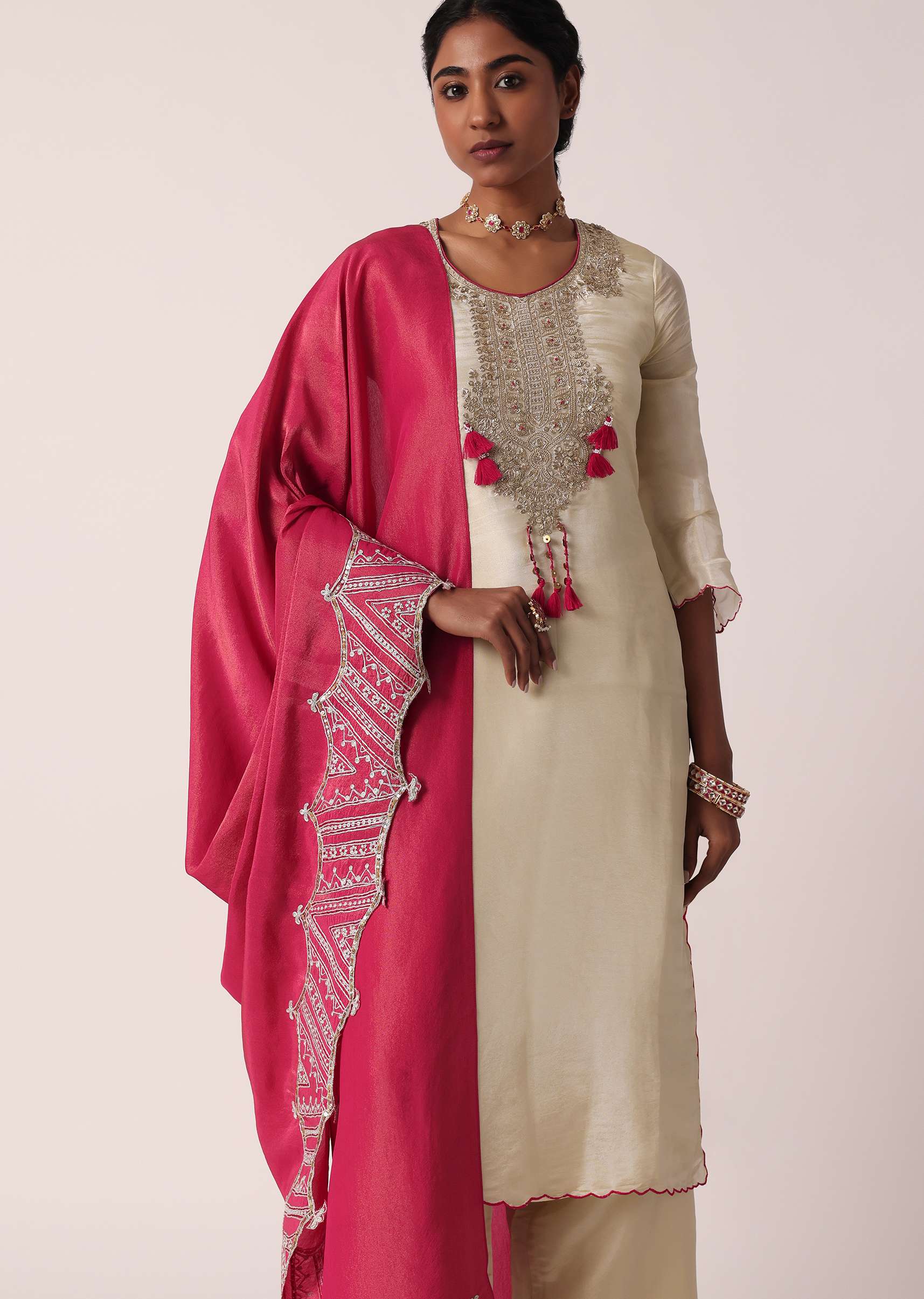 Pink Silk Palazzo Set With Embroidered Kurta - Image 4