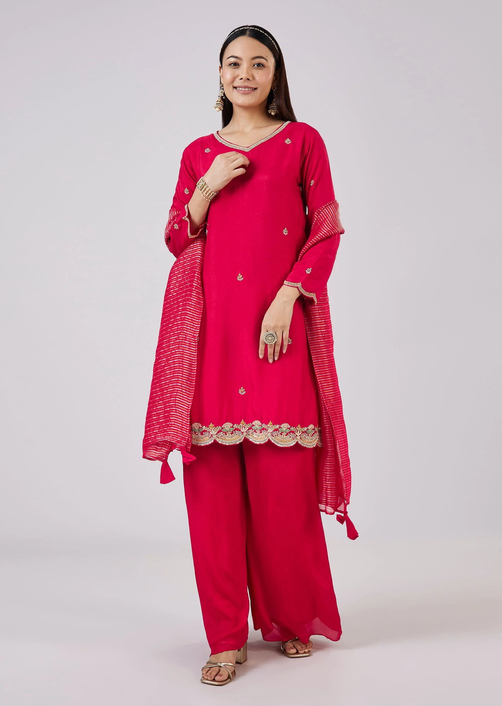 Pink Silk Palazzo Set With Zari And Sequins Work - Image 3