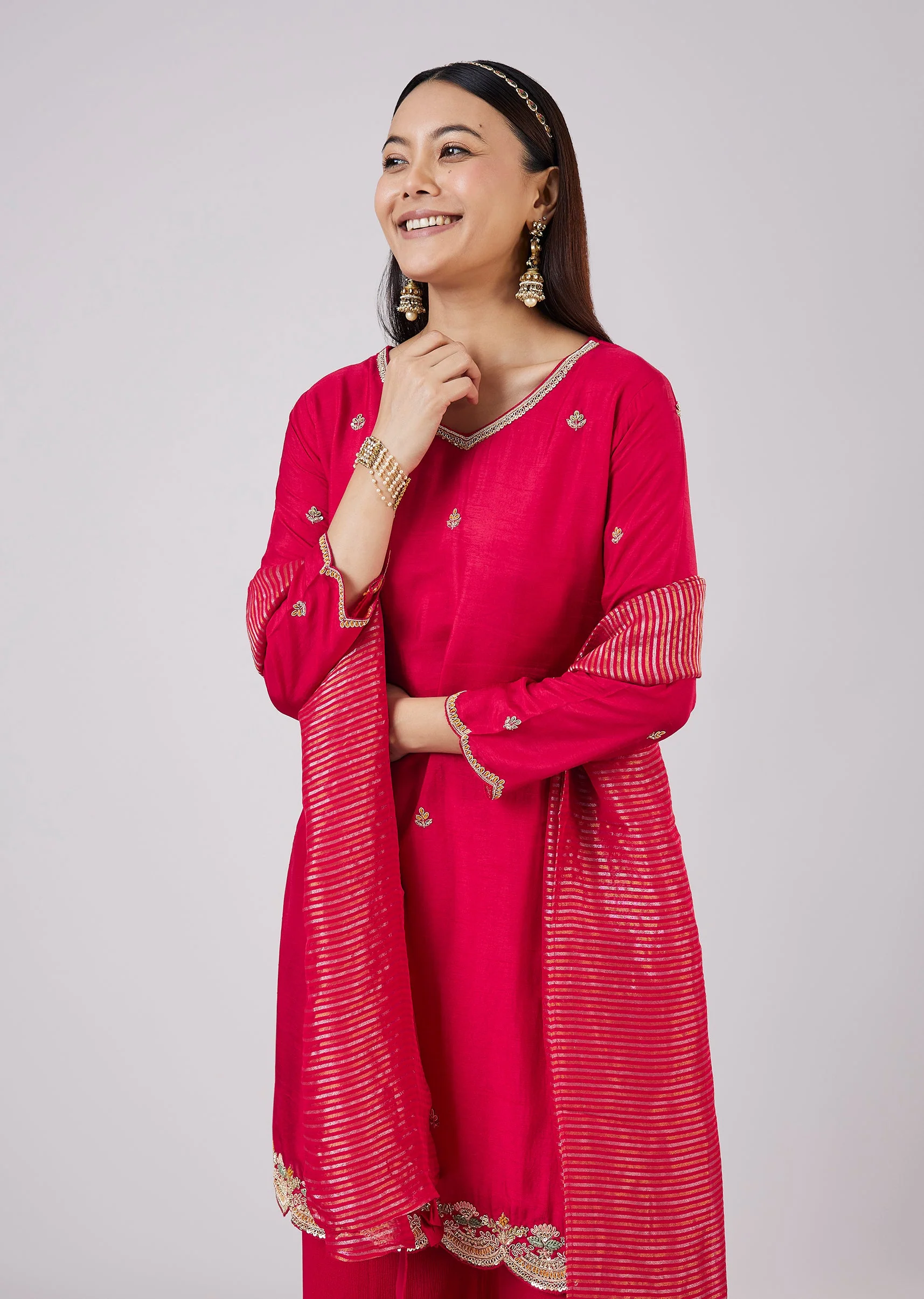 Pink Silk Palazzo Set With Zari And Sequins Work - Image 4