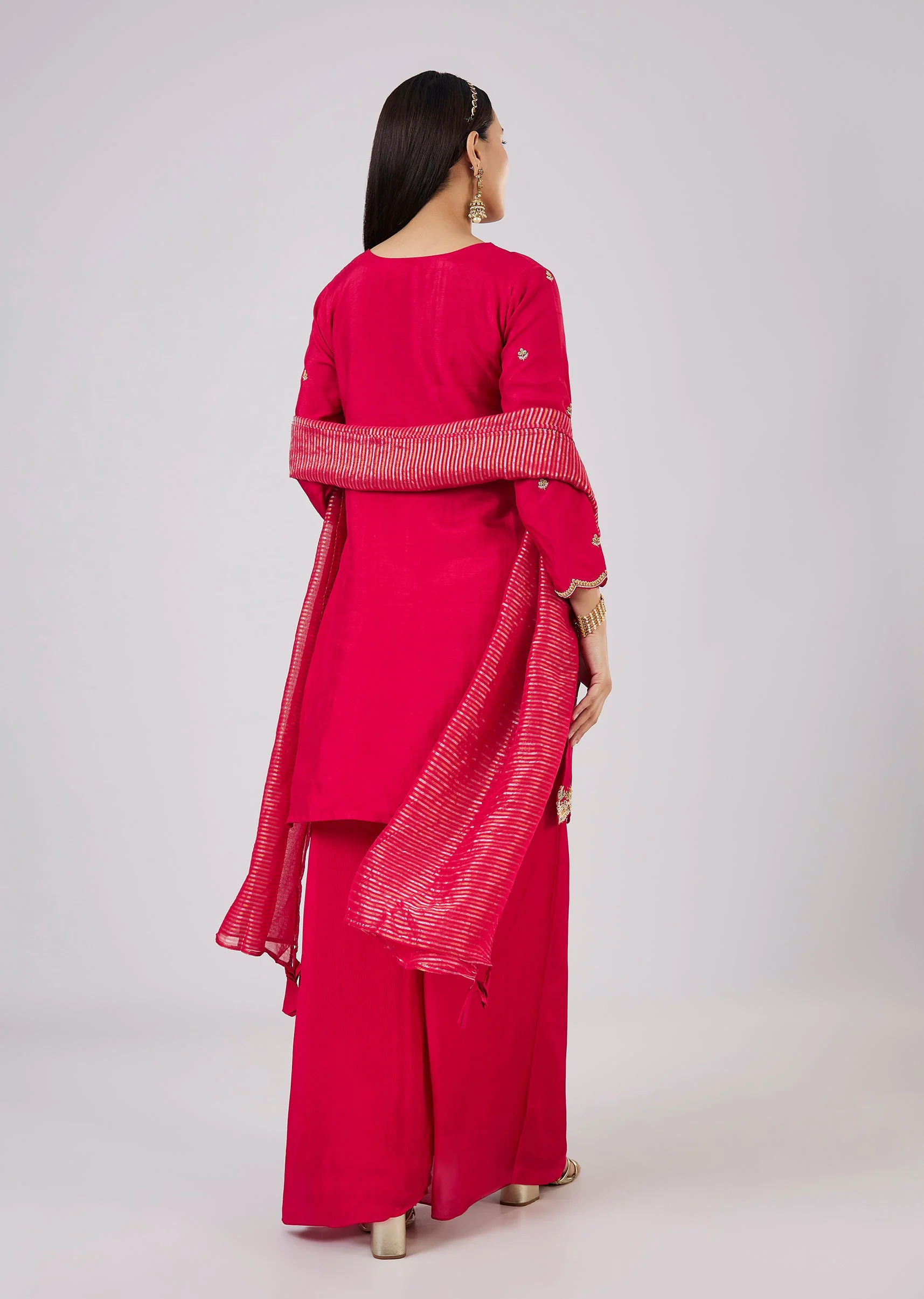 Pink Silk Palazzo Set With Zari And Sequins Work - Image 5