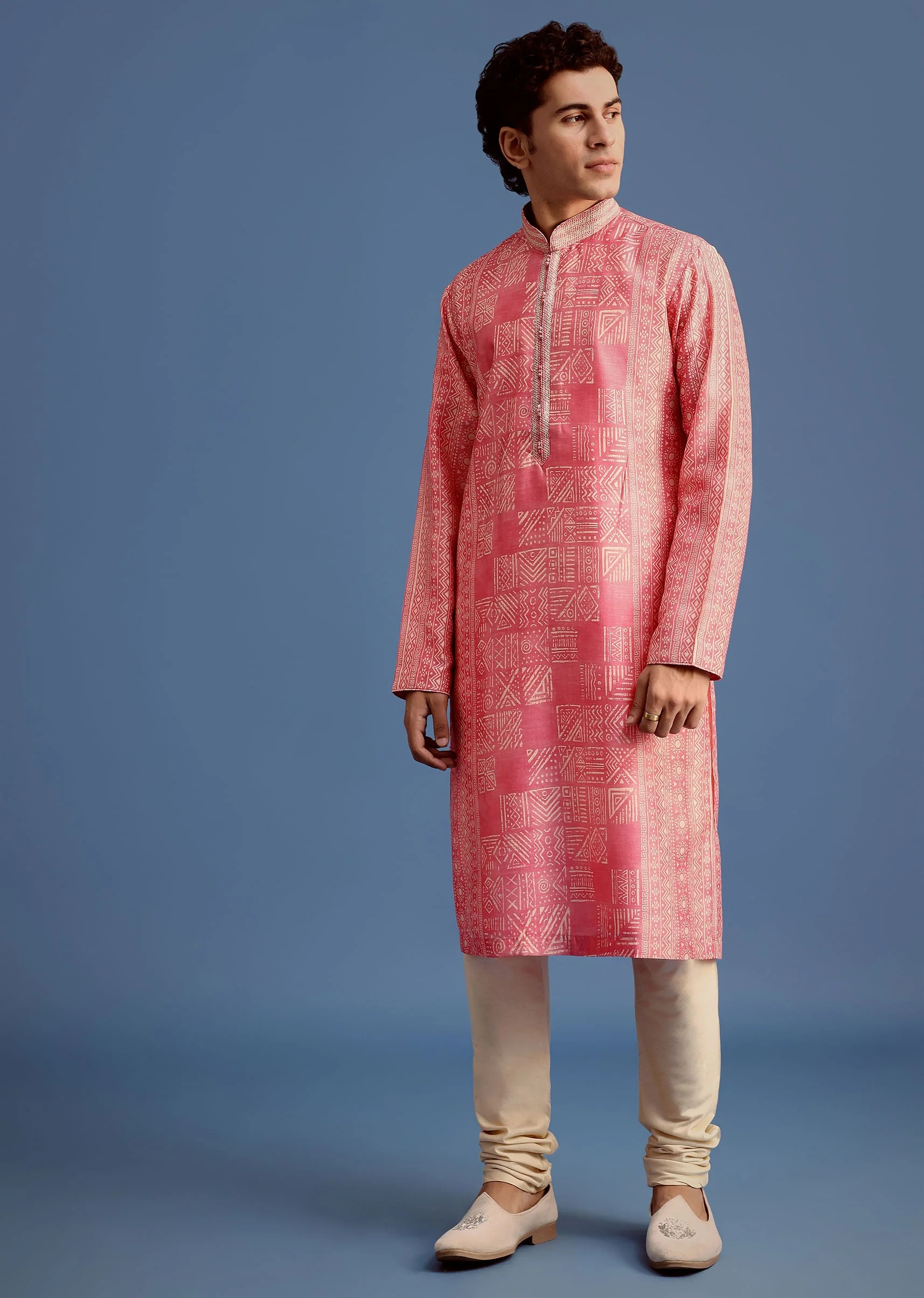 Pink Silk Printed Kurta Set With Mandarin Collar - Image 3